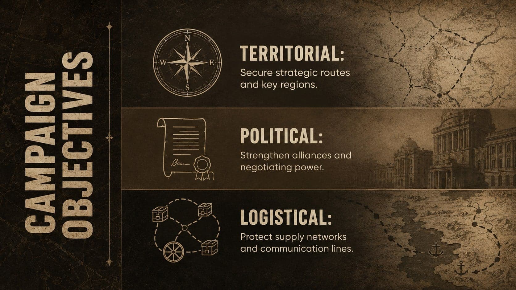 Military campaign objectives slide comparing territorial, political, and logistical goals in a dark brown classroom design.