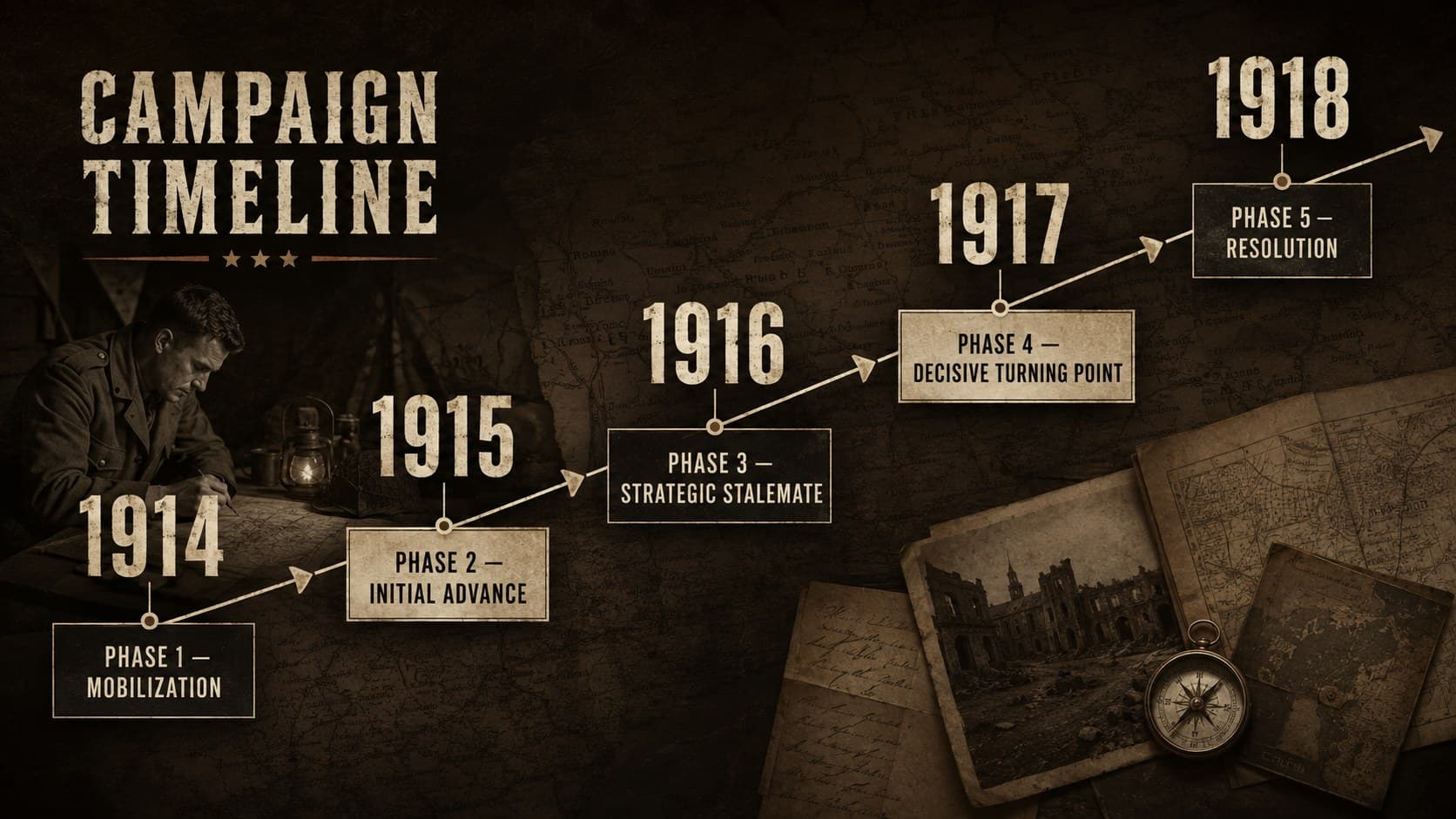 Military campaign timeline template showing five chronological phases with bold date markers and sepia accents.
