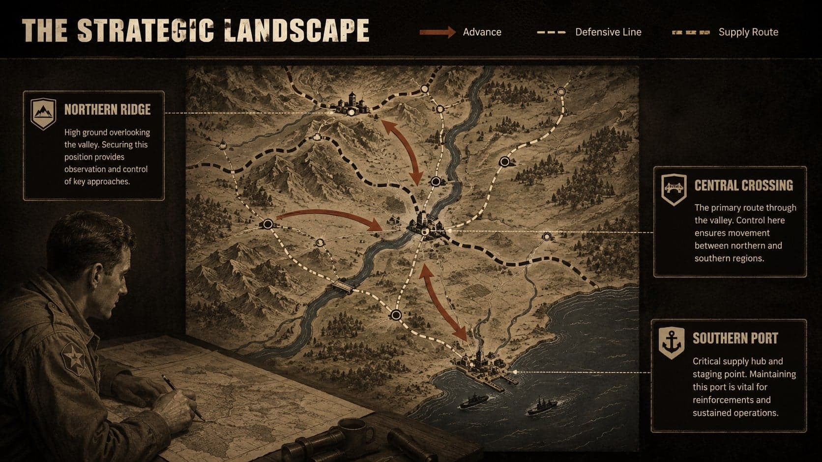 Battlefield strategy lesson presentation with a regional campaign map, route arrows, and strategic location labels.