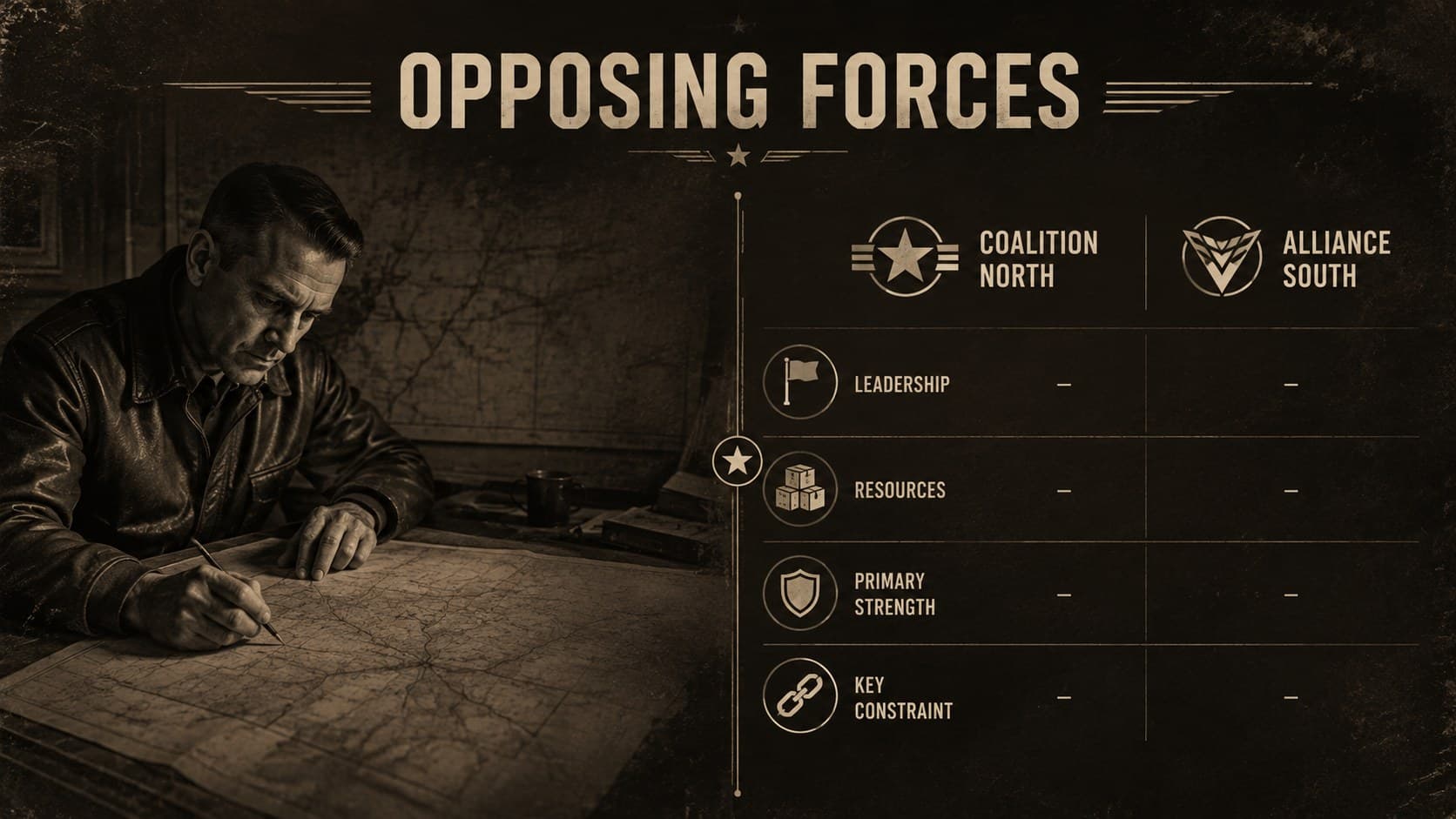 Opposing forces comparison slide with parallel columns for leadership, resources, strengths, and constraints.