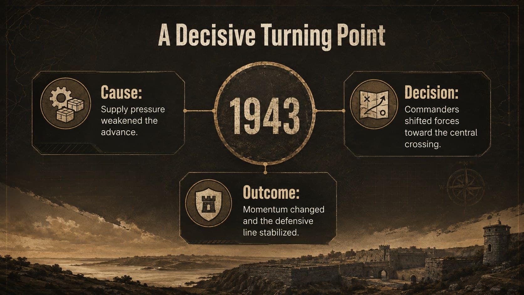 Strategic turning point slide explaining a decisive battle through cause, decision, and outcome sections.