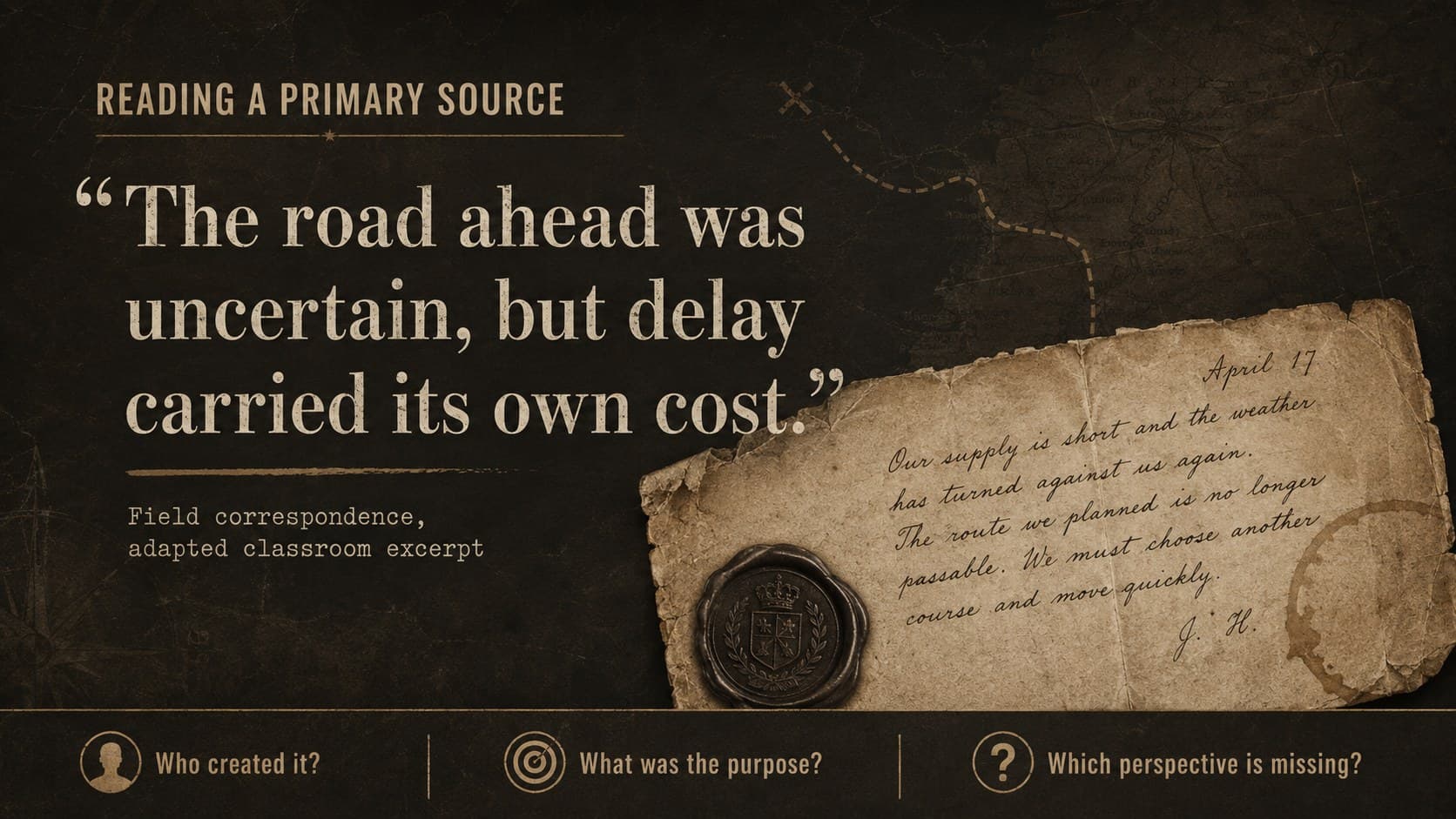 Primary source analysis slide with a historical quotation, source details, and classroom interpretation questions.
