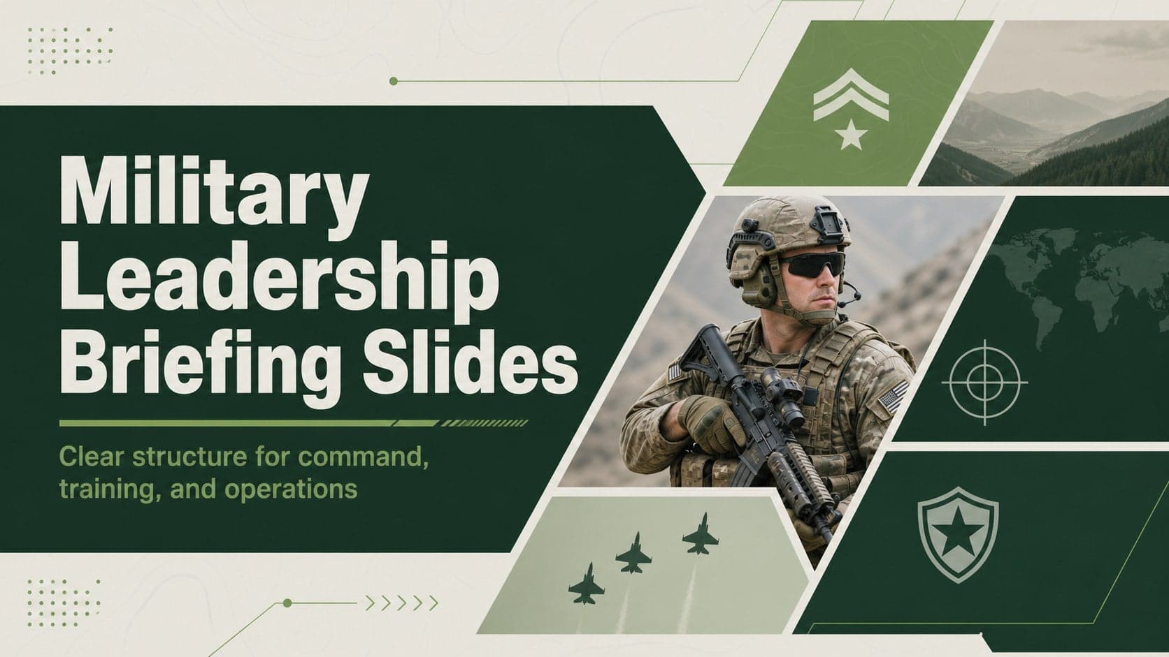 Green geometric cover slide for military leadership briefing slides with a disciplined professional composition.