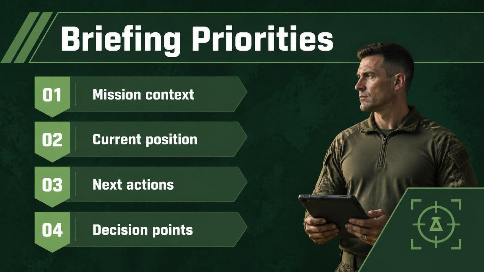Agenda layout showing briefing priorities and sections in a green professional presentation theme.