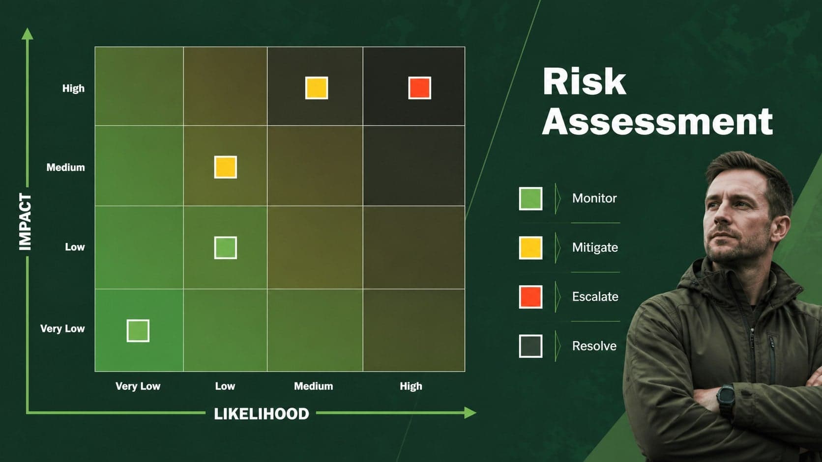 Risk assessment matrix slide comparing operational risks and response levels in a green layout.