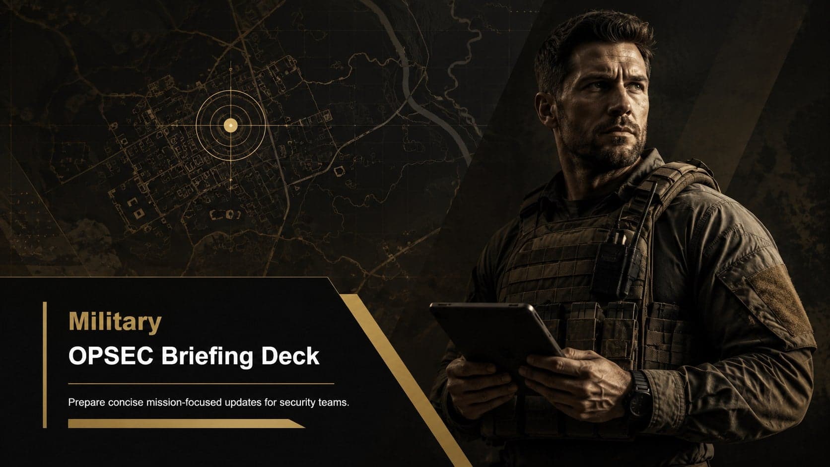 Cover of a military OPSEC briefing deck with bold gold typography on a dark tactical background.
