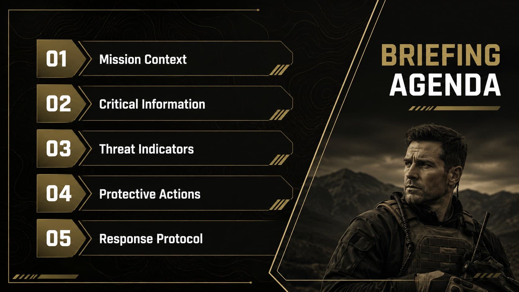 Dark operational security briefing agenda listing five mission-focused discussion areas.