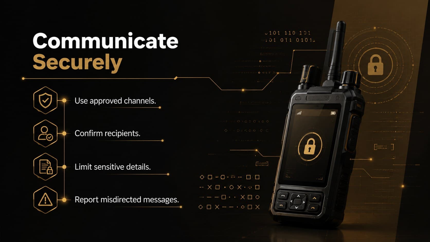 Secure communications briefing template with practical rules for channels, recipients, and message content.