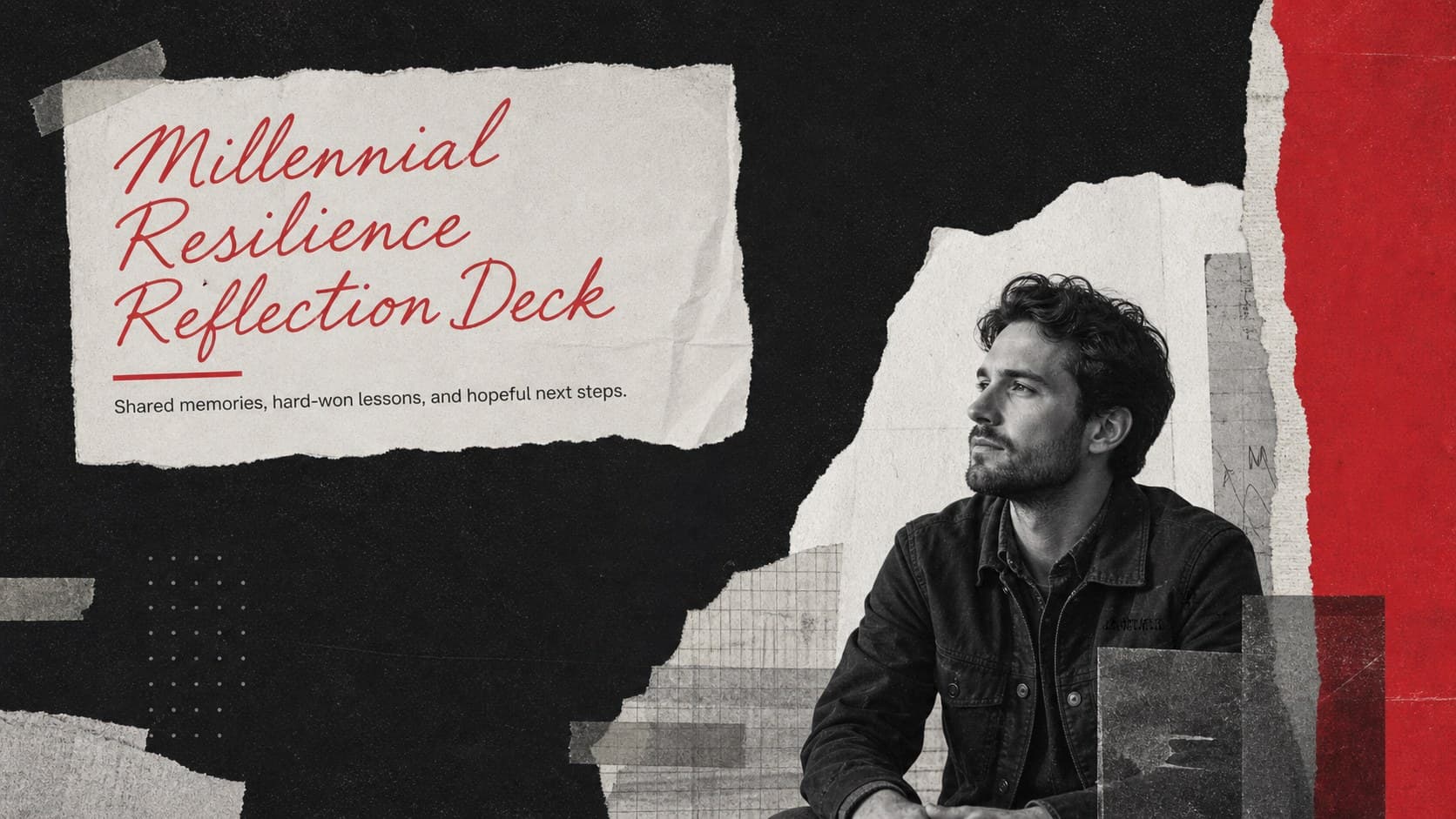 Cover of the Millennial Resilience Reflection Deck with bold editorial typography and textured black, grey, and red graphics.