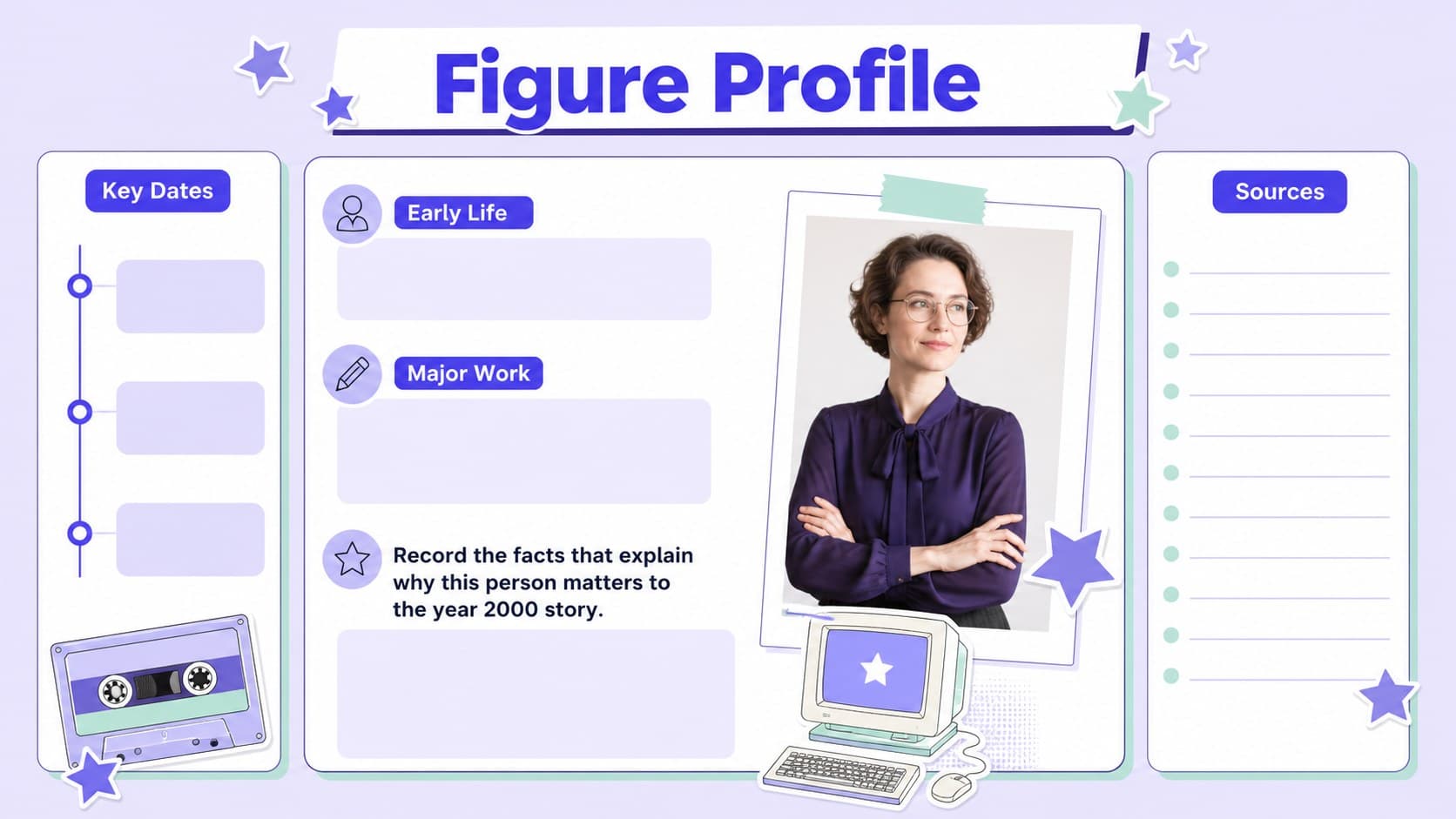 Editable Y2K biography worksheet page with research prompts, key dates, and purple timeline elements for student history work.