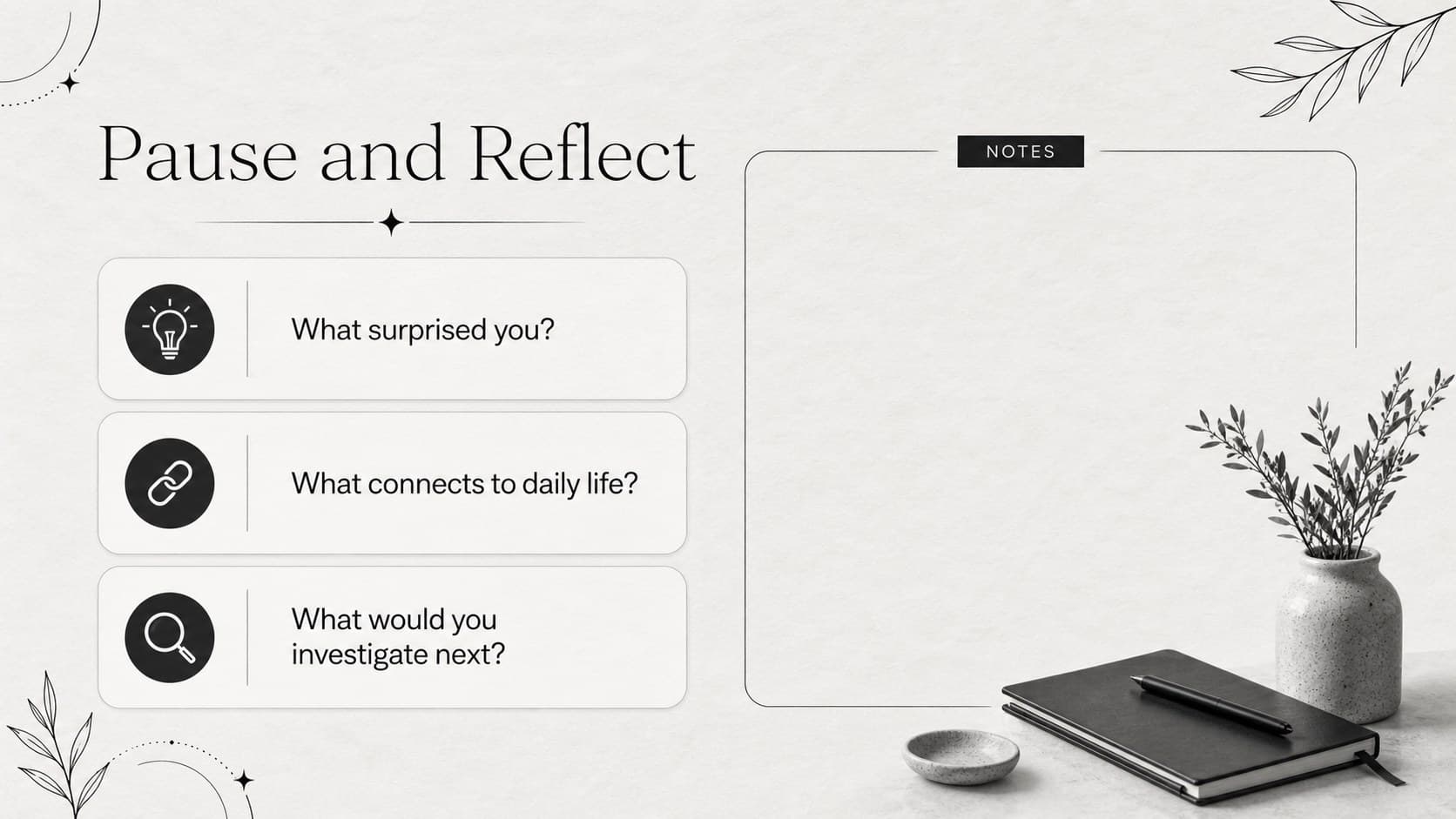 Psychology classroom discussion slide with reflection questions and spacious note-taking areas.
