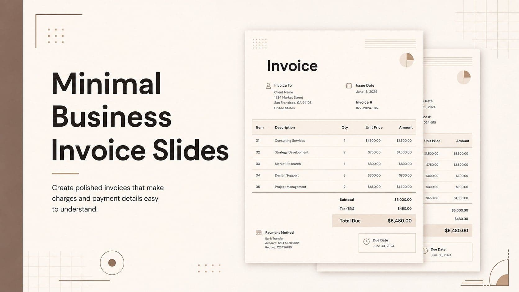 Cover for Minimal Business Invoice Slides with neutral brown typography and an orderly billing document preview.