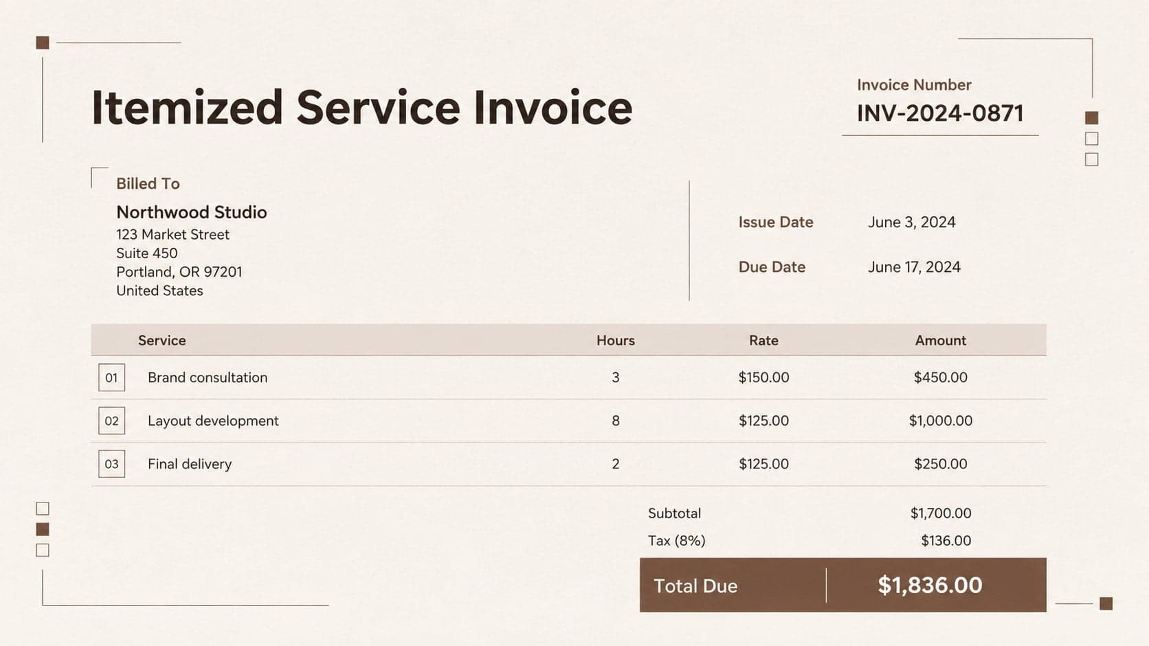 Editable client billing template showing itemized services, dates, quantities, rates, and a clearly emphasized total.