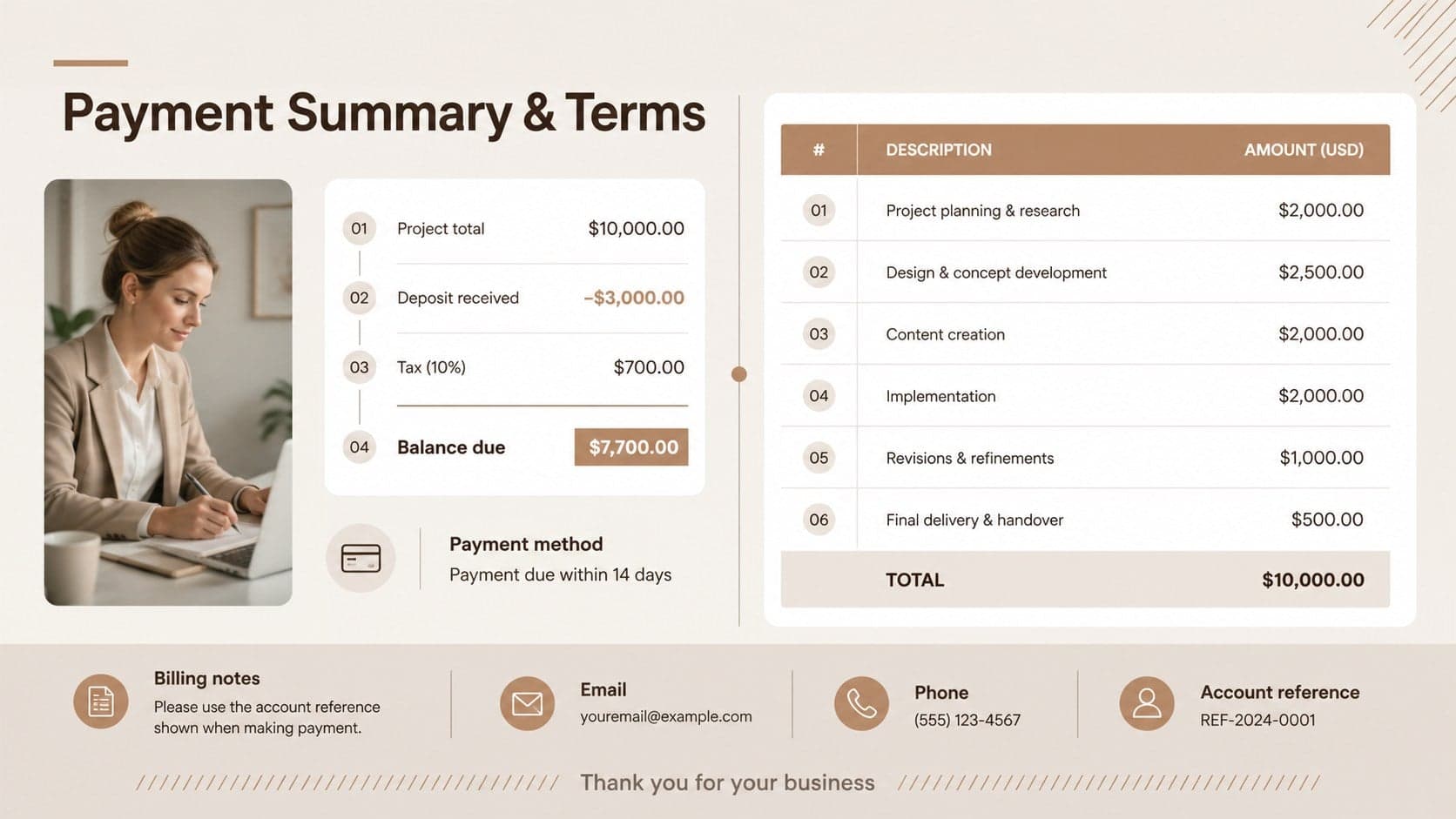 Minimalist brown invoice layout featuring a payment summary, terms, contact details, and balance due.
