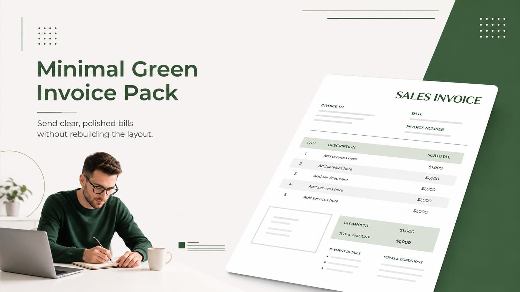 Cover preview for the Minimal Green Invoice Pack with a clean business billing document and restrained green accents.