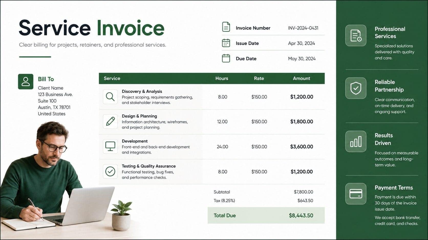 Editable client billing invoice layout featuring service details, payment terms, and a clearly organized total.