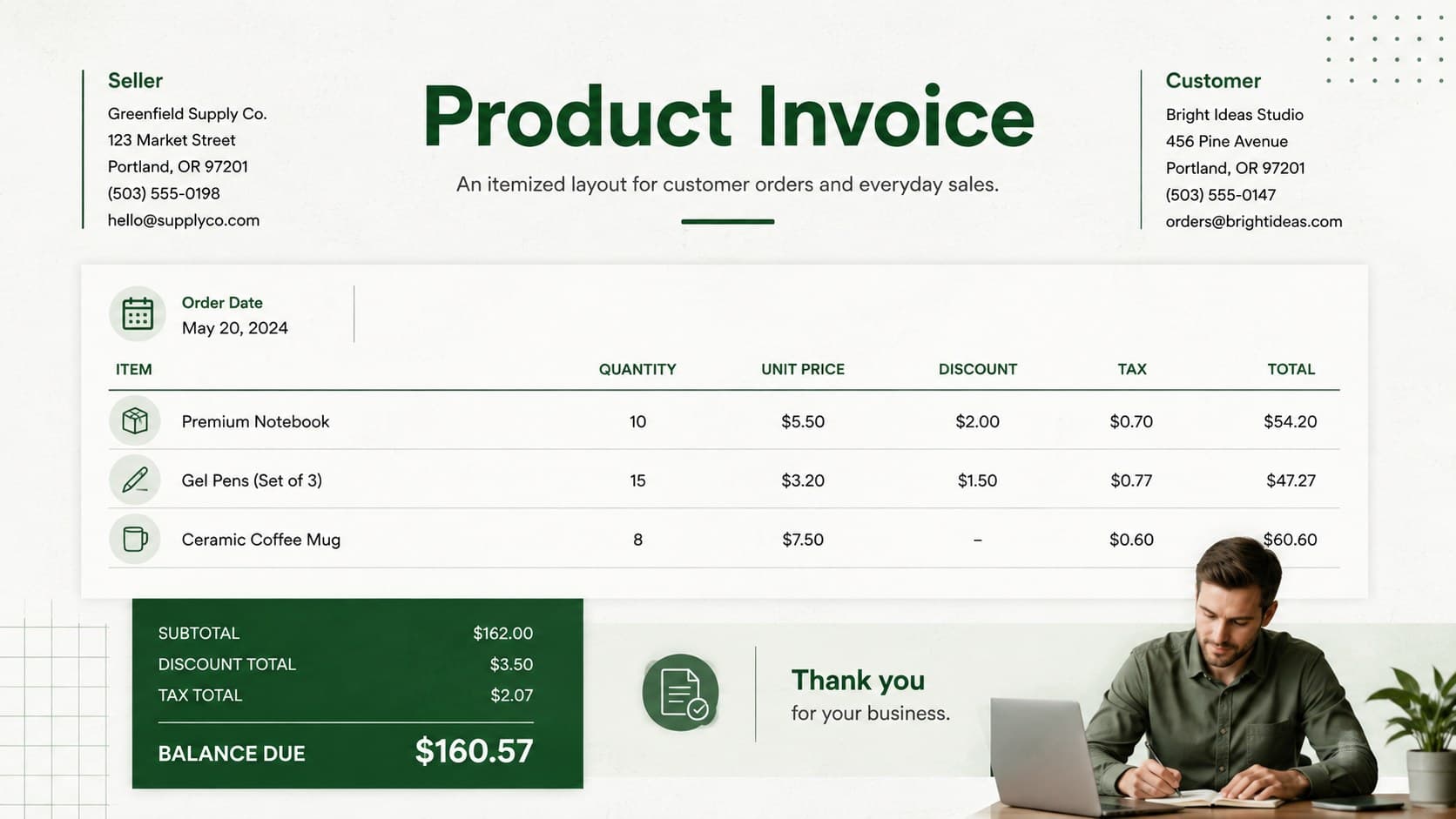 Product sales invoice layout with item quantities, pricing, tax, payment status, and green minimalist styling.