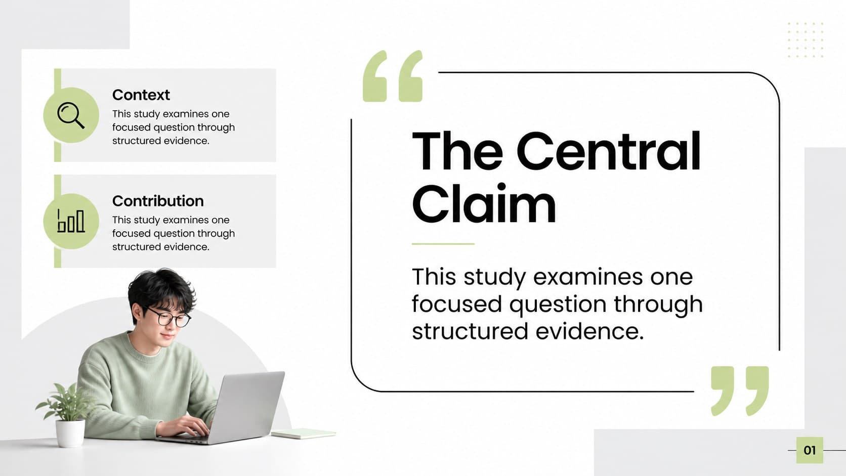 Thesis statement slide showing the central claim and supporting context for an academic research presentation.