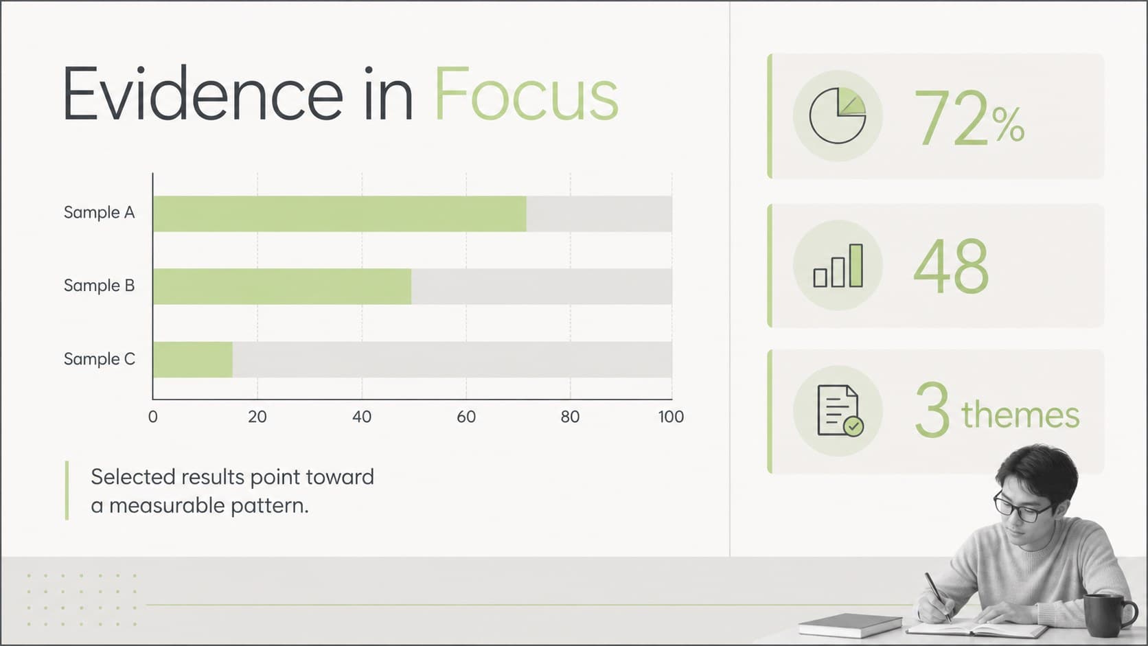 Data highlights slide with editable chart elements for an academic presentation with charts.