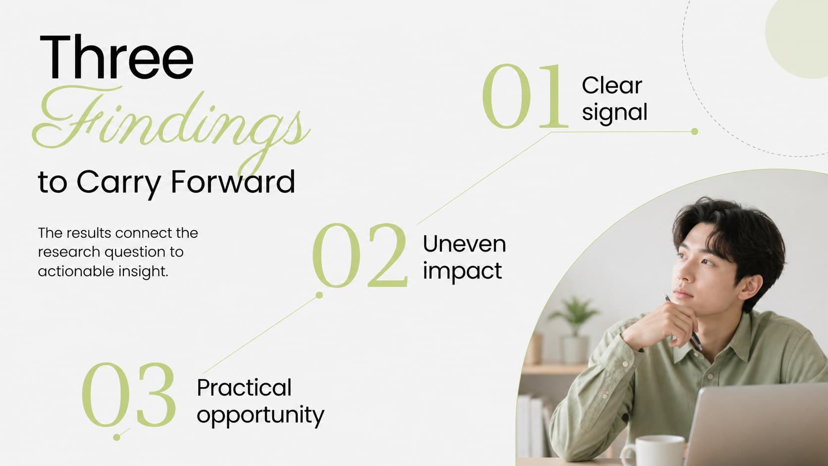 Thesis findings slide summarizing three research outcomes with clean pastel green visual markers.