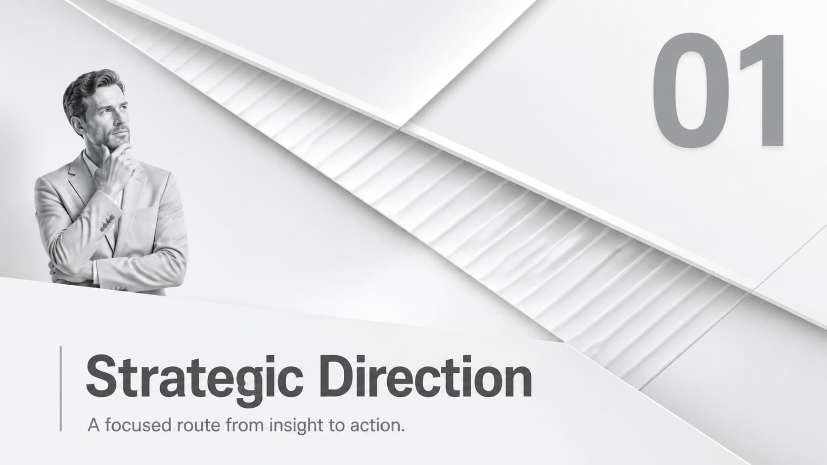 Section divider introducing the strategic direction portion of a professional grey corporate pitch presentation.