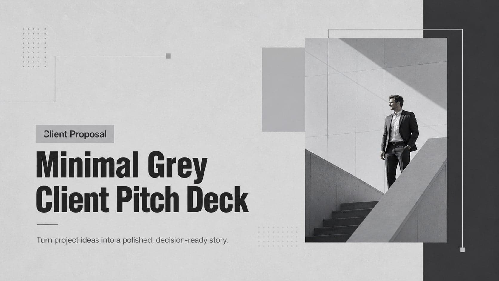 Cover of a minimal grey client pitch deck with bold typography and a clean proposal subtitle.
