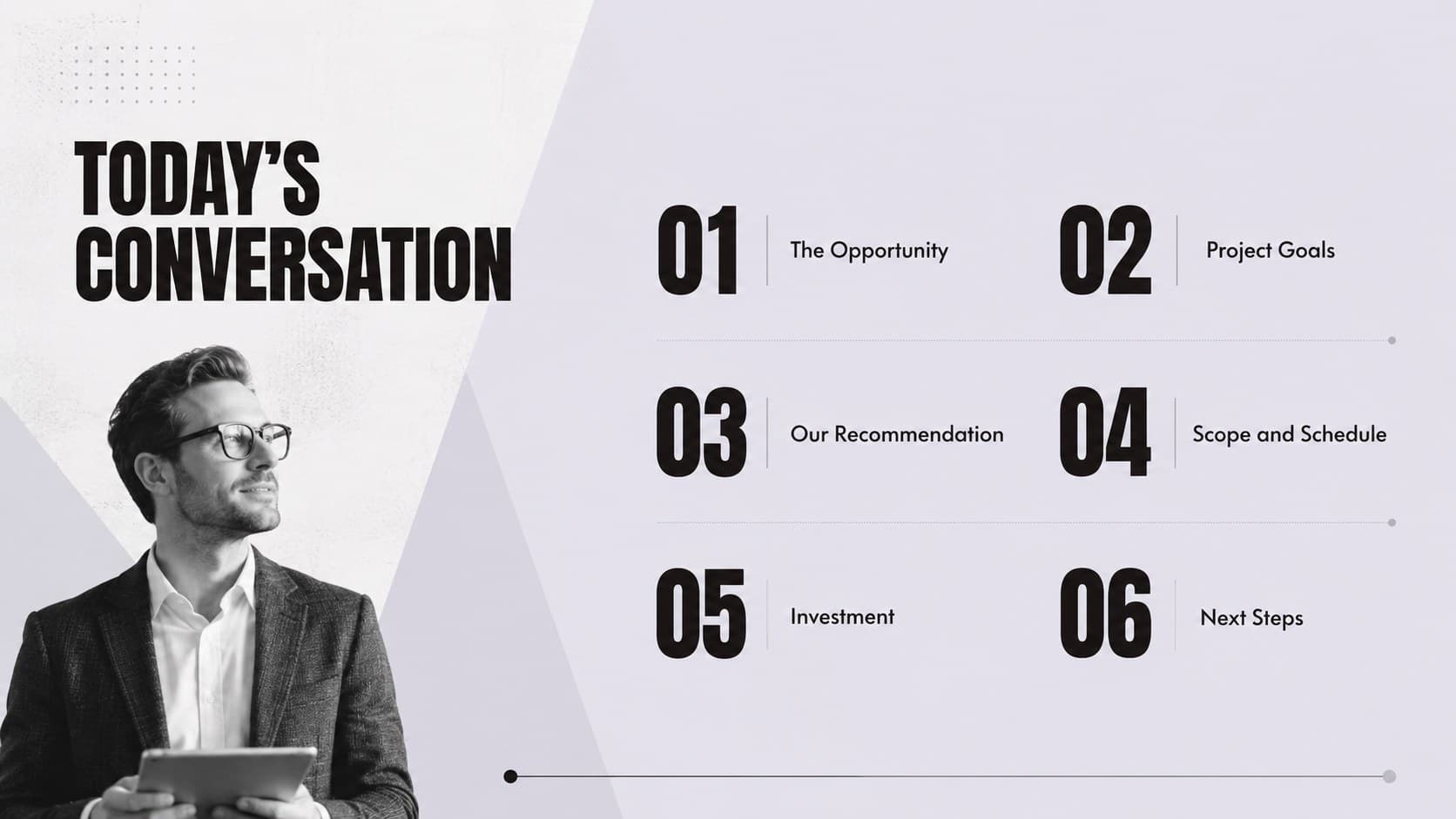 Minimal grey proposal presentation agenda outlining six stages of a client pitch.