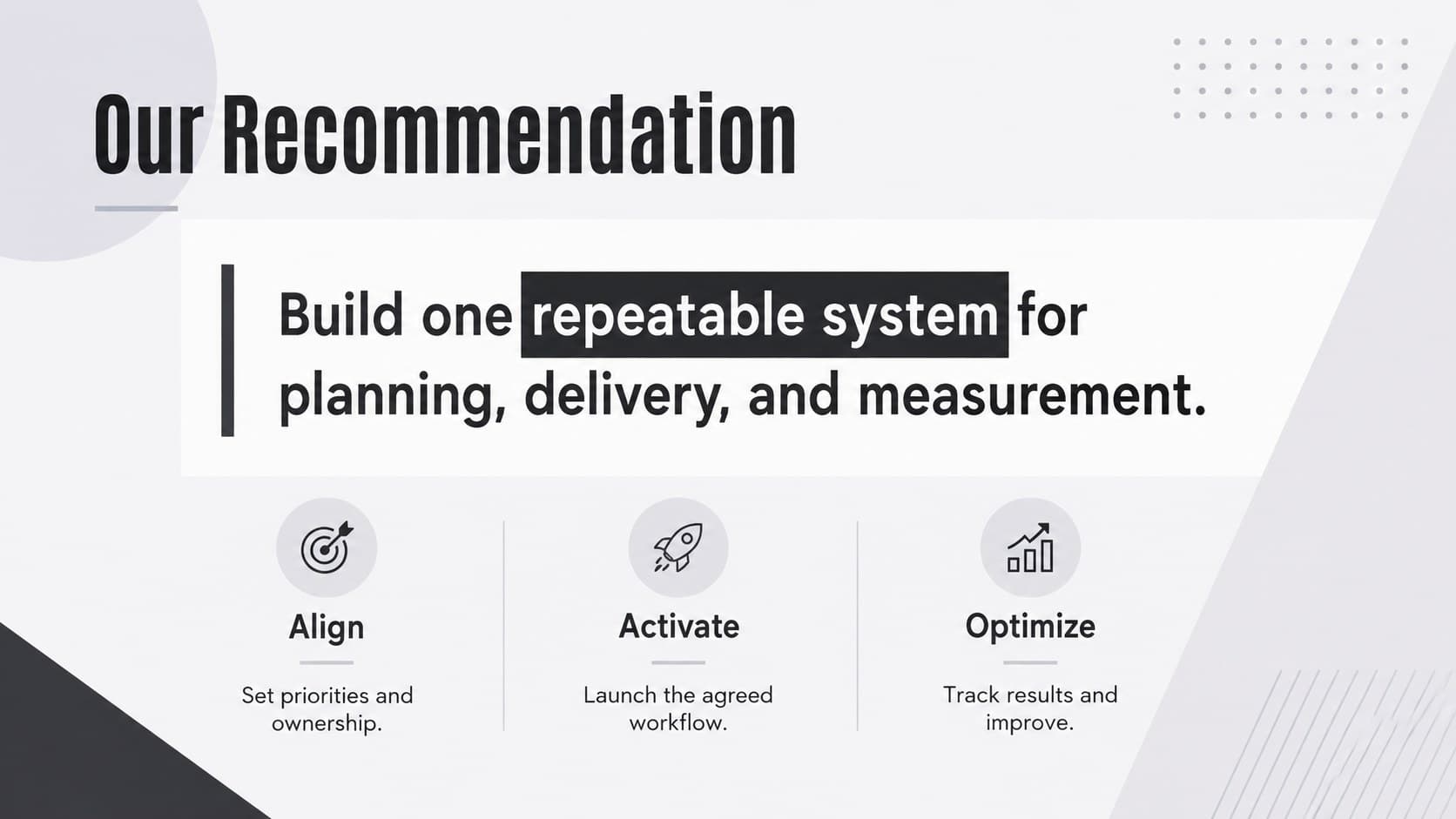 Modern monochrome consulting presentation featuring a concise three-part recommended solution.