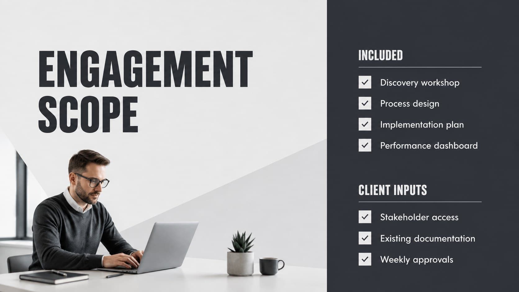 Editable business case slide deck layout separating included project scope from client responsibilities.