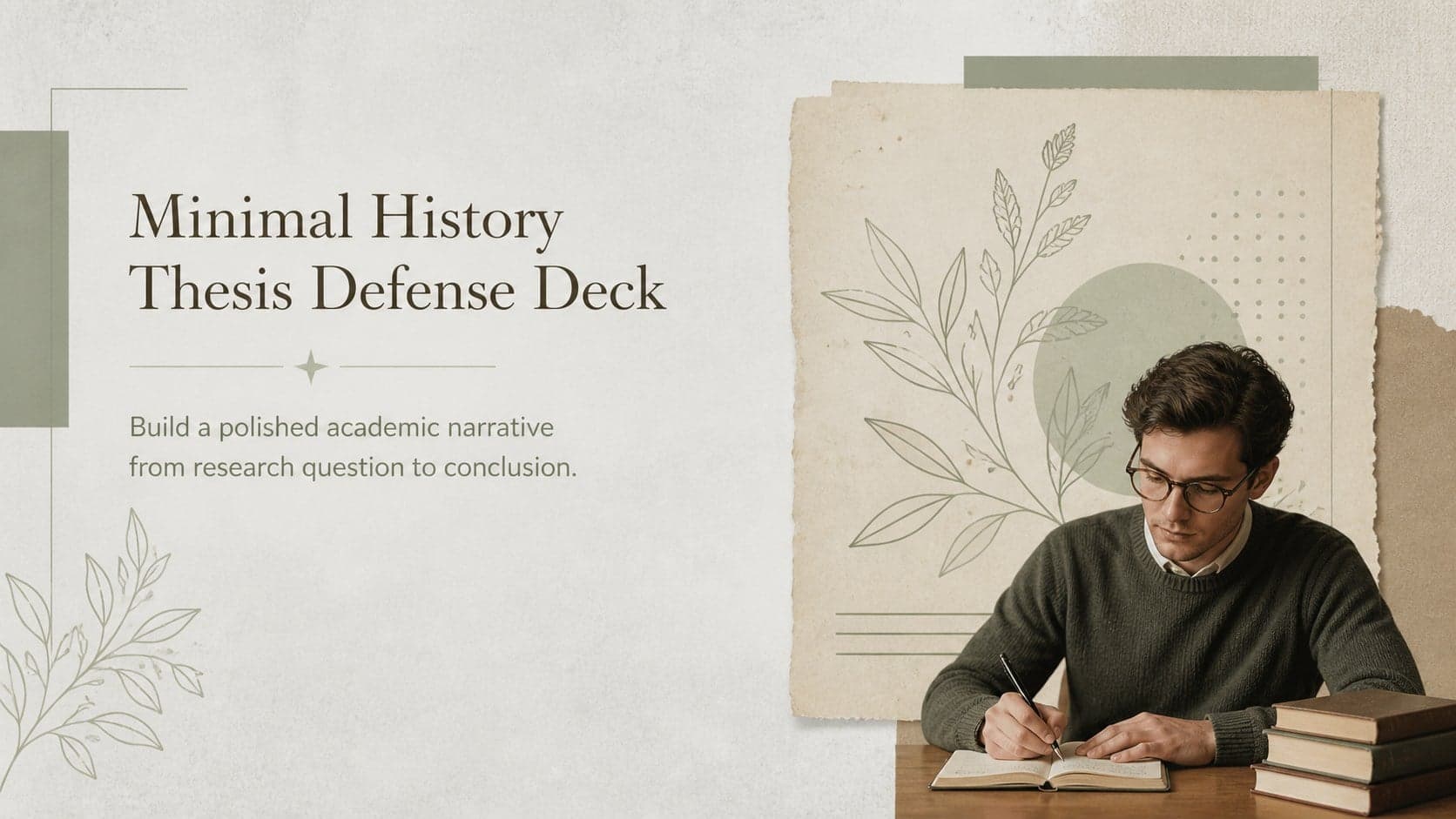 Cover of a minimal history thesis defense deck in pastel green, brown, and grey.