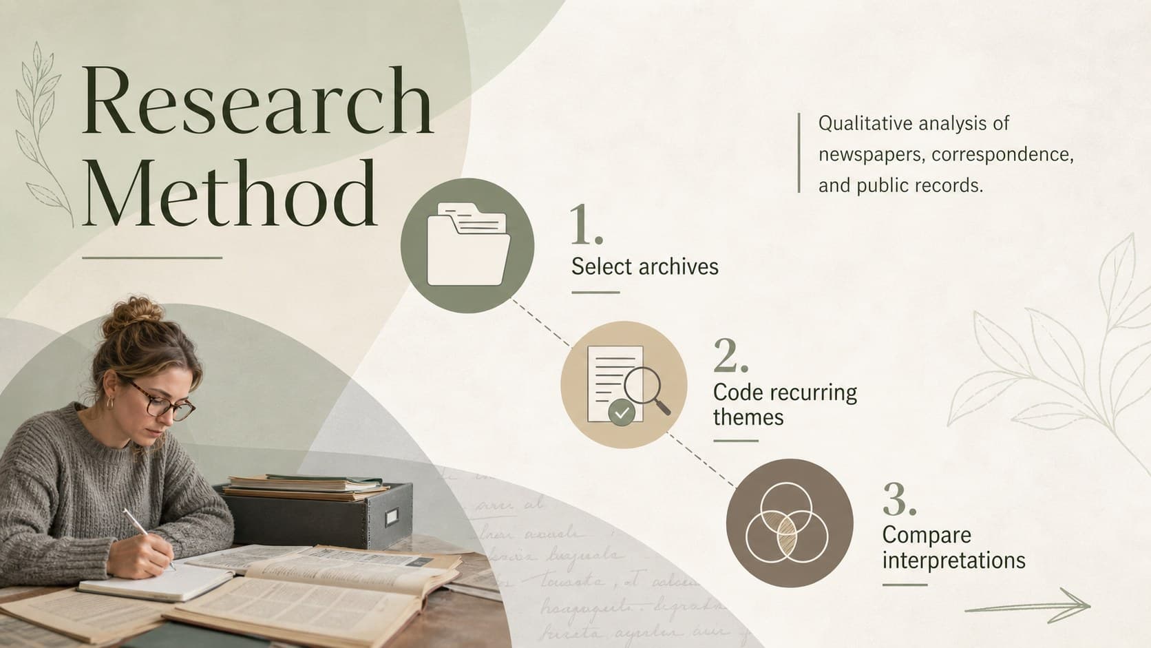 Clean thesis methodology slide outlining archive selection, coding, and interpretation.