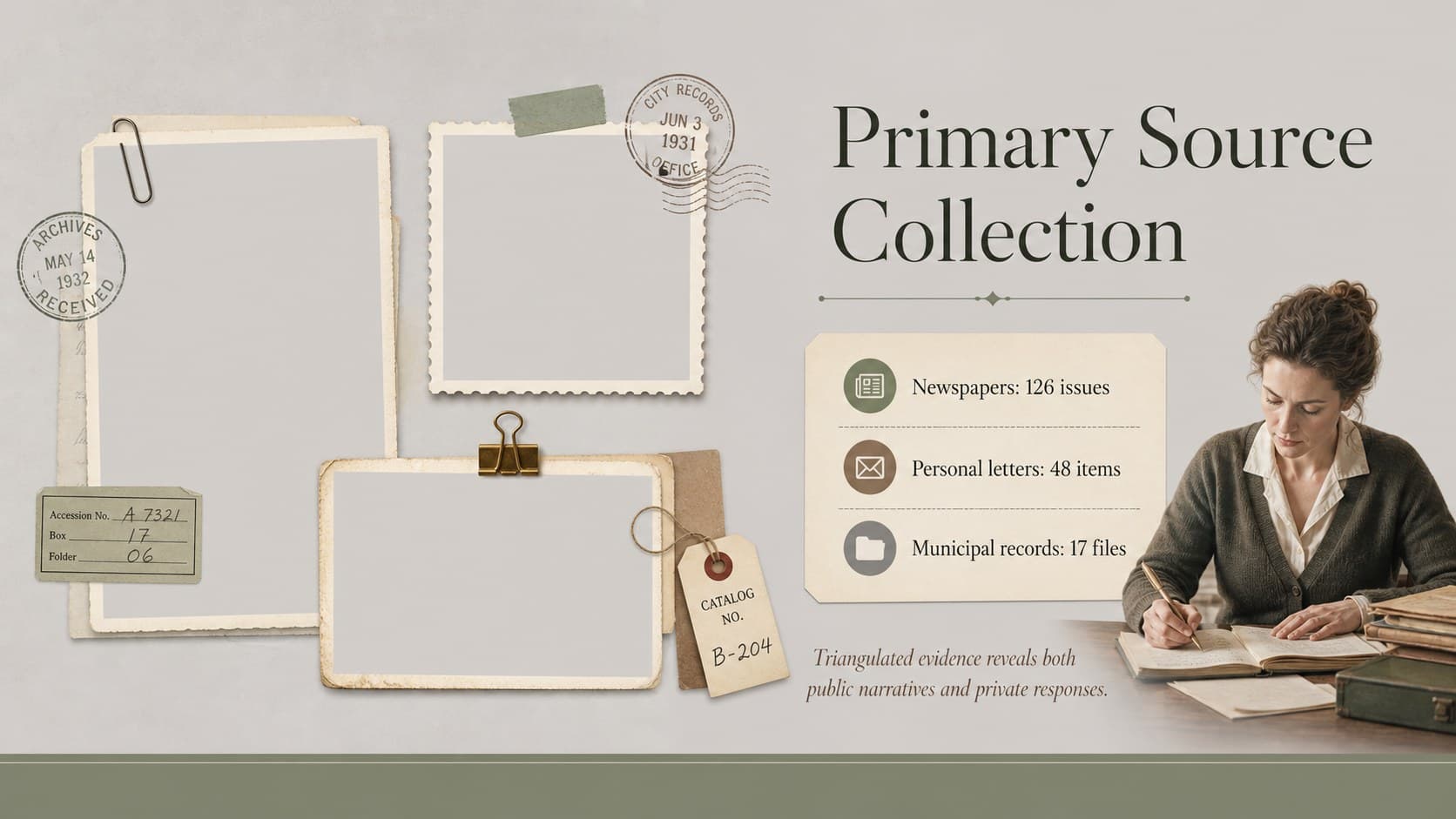 Primary sources layout for a history thesis defense presentation template.