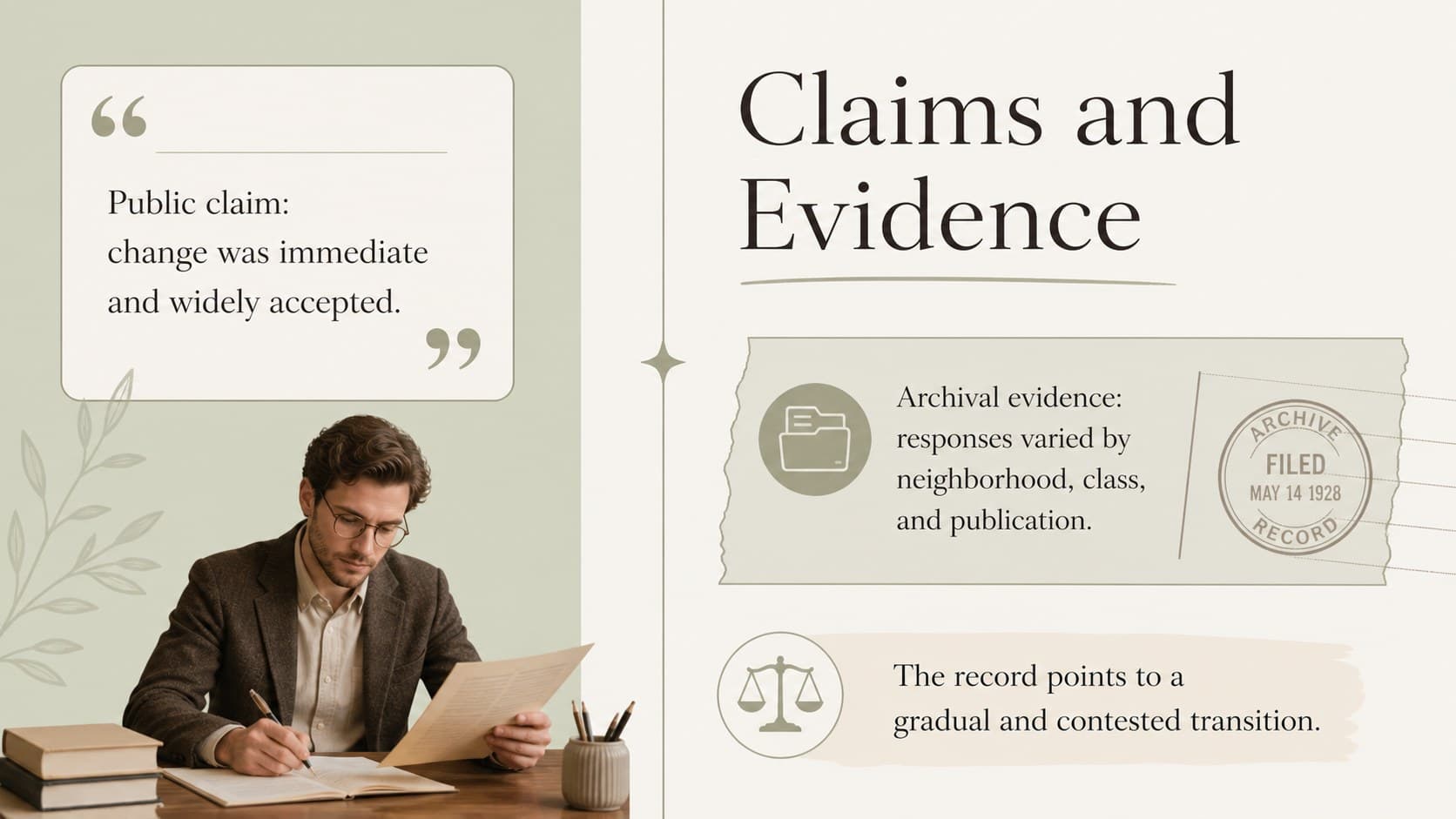 Historical evidence comparison slide contrasting public claims with archival records.