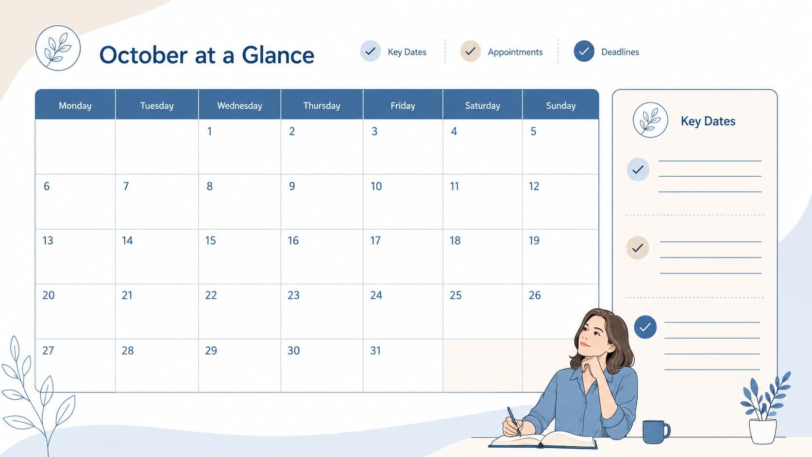 October at a Glance calendar slide for recording key dates, appointments, and deadlines.