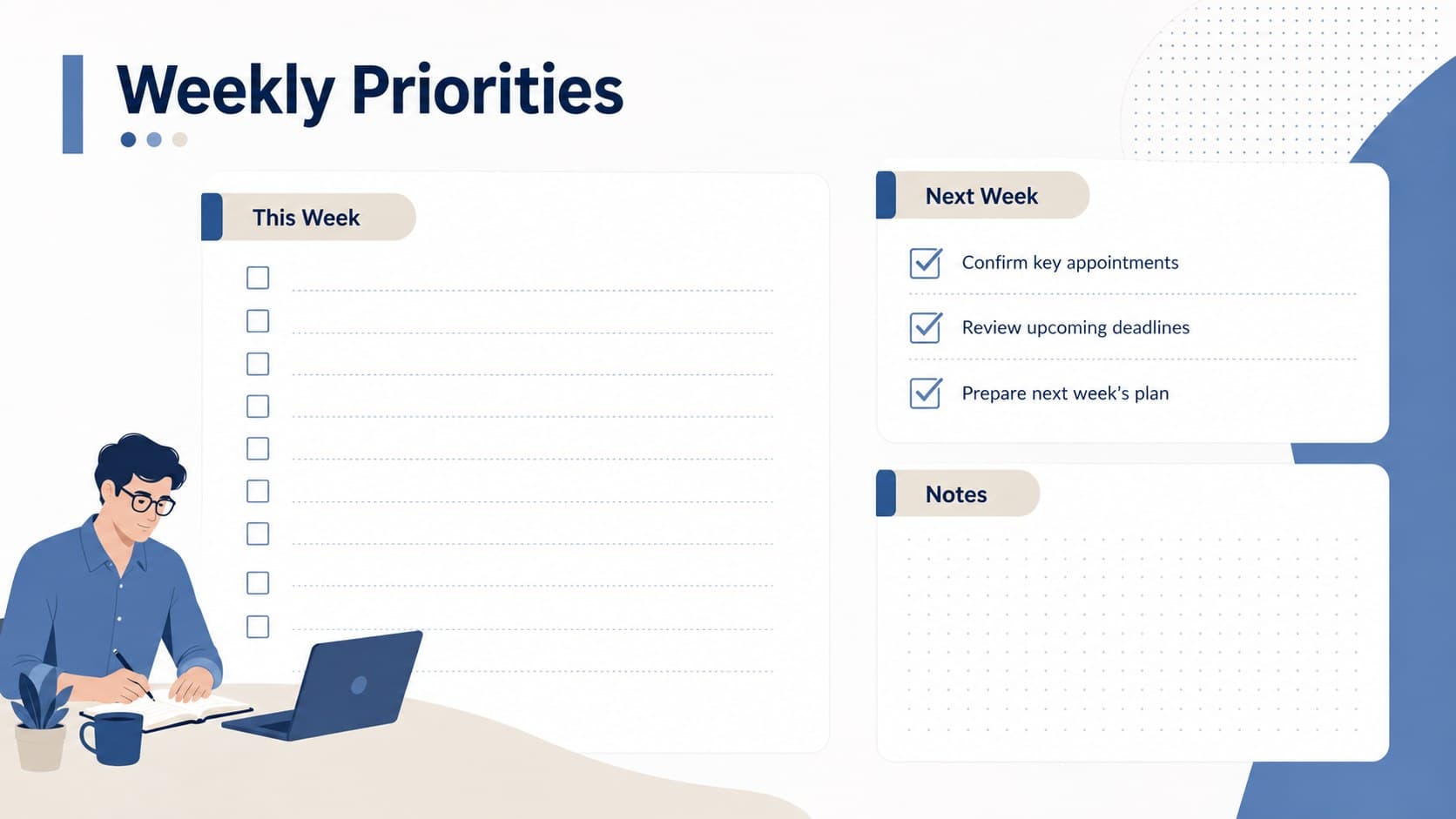 Minimalist October schedule template slide with weekly priorities, tasks, and notes.