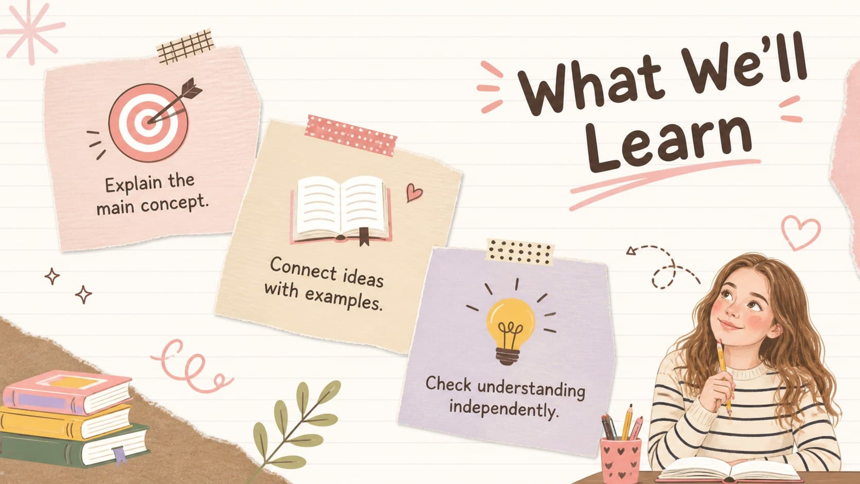 Editable lesson recap deck slide with three pastel learning goal panels and simple school-themed doodles.