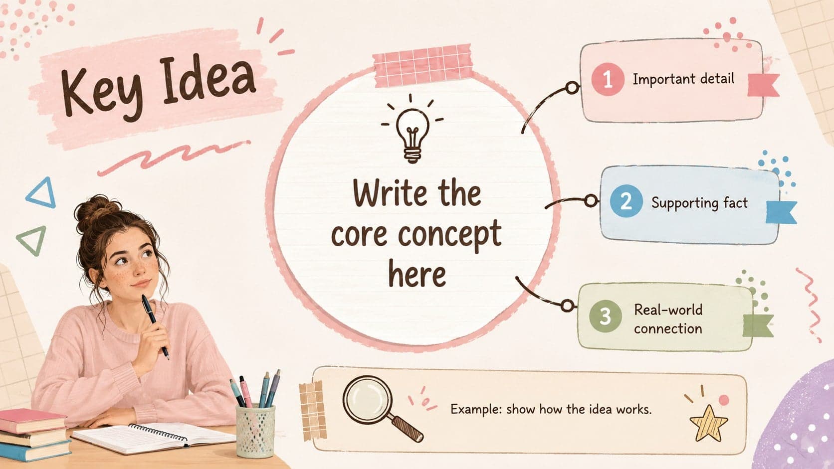 Minimal scrapbook study slide presenting a central key concept with supporting facts and pastel paper labels.