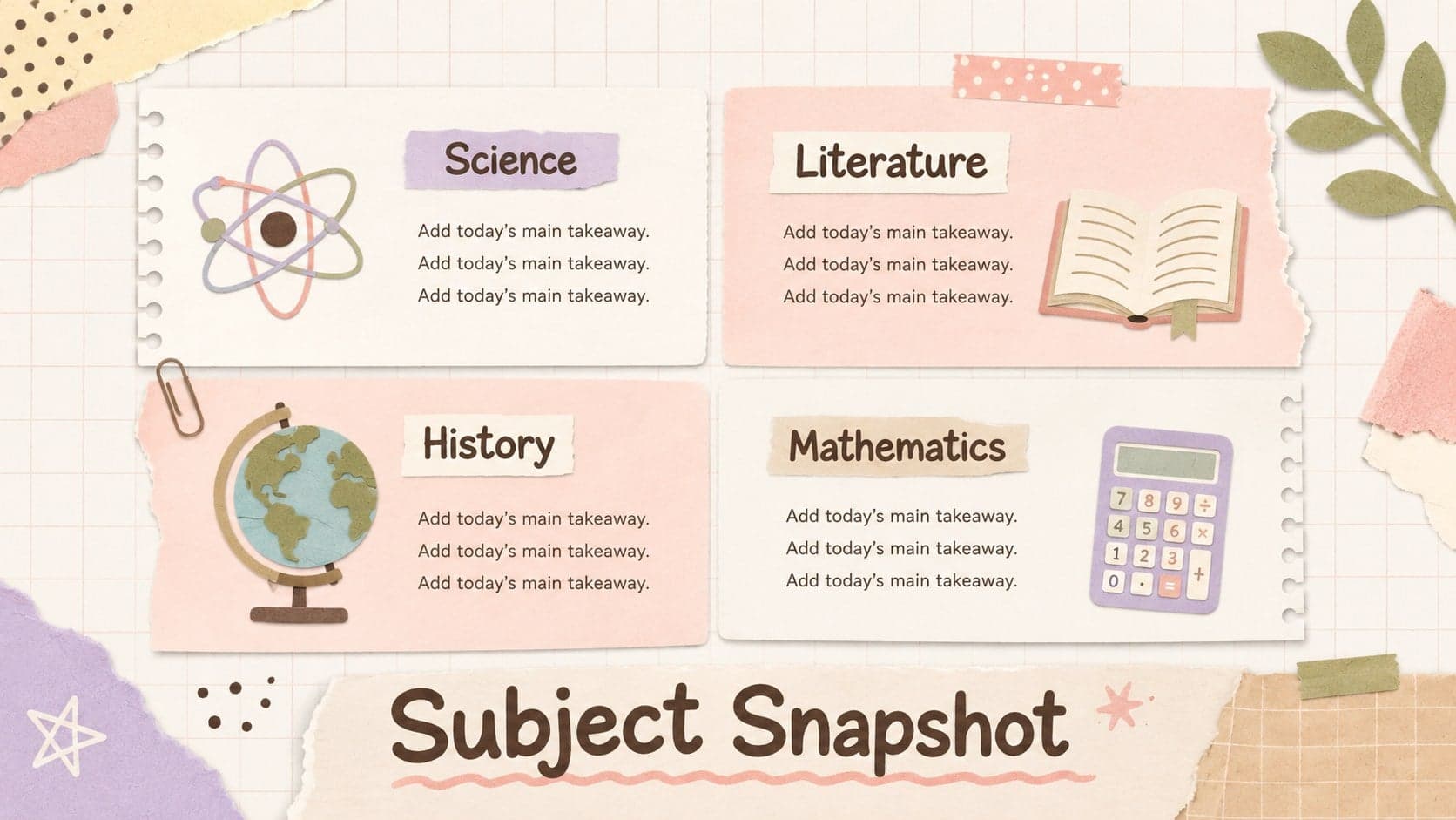 Student revision summary slide with four color-coded subject sections on layered notebook paper.