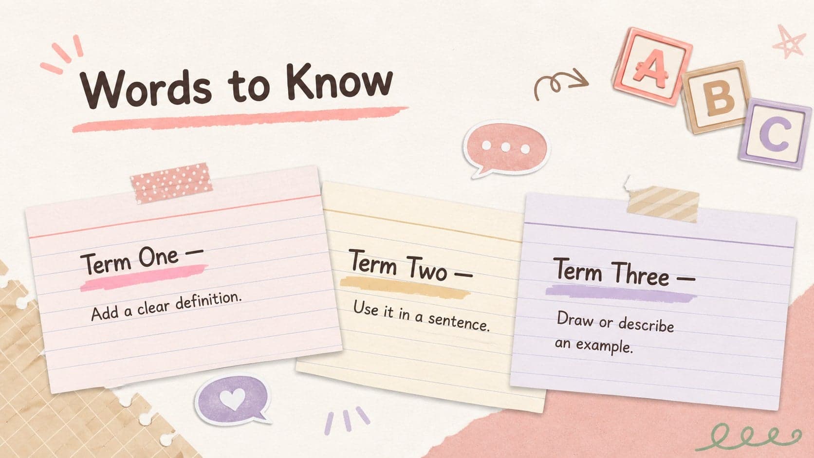 Visual note taking presentation slide featuring vocabulary terms, definitions, examples, and pastel index-card styling.