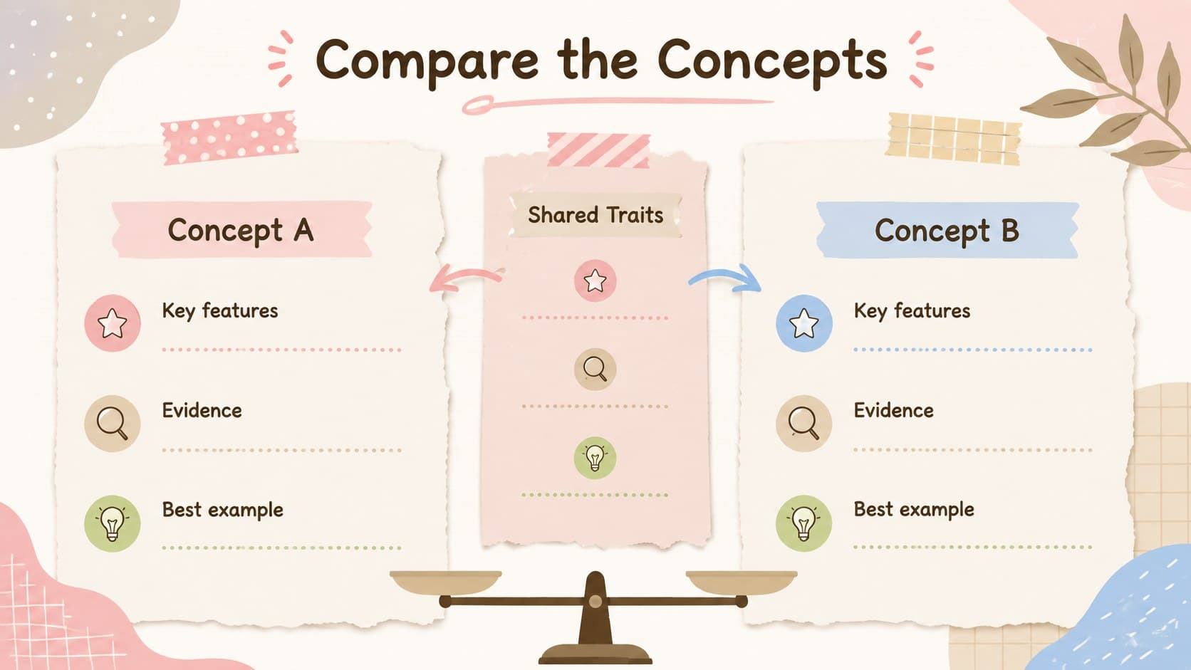 Pastel comparison slide contrasting two class concepts with paper columns and a shared middle section.