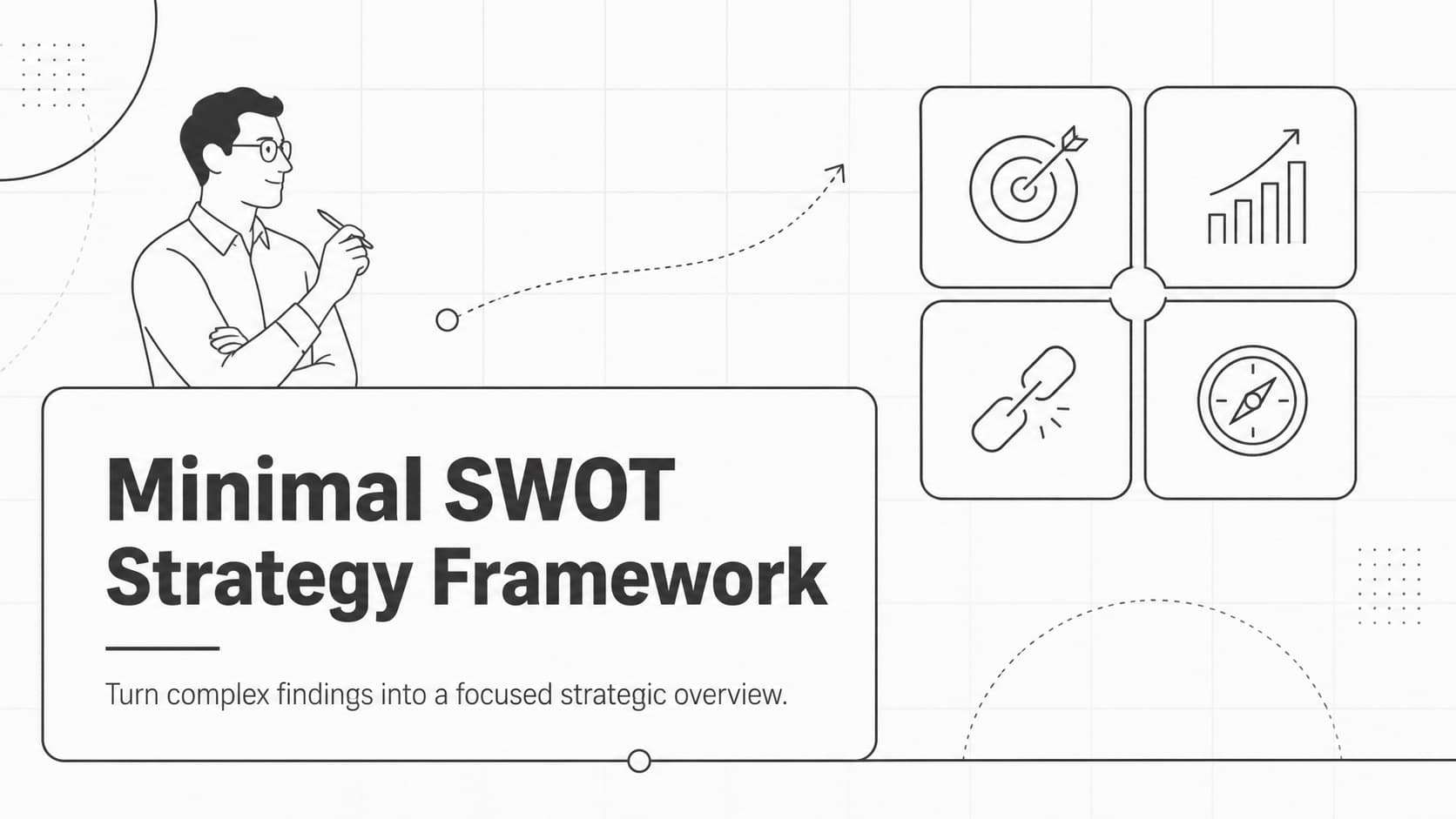 Minimal SWOT strategy framework cover with a clean white grid and understated business graphics.