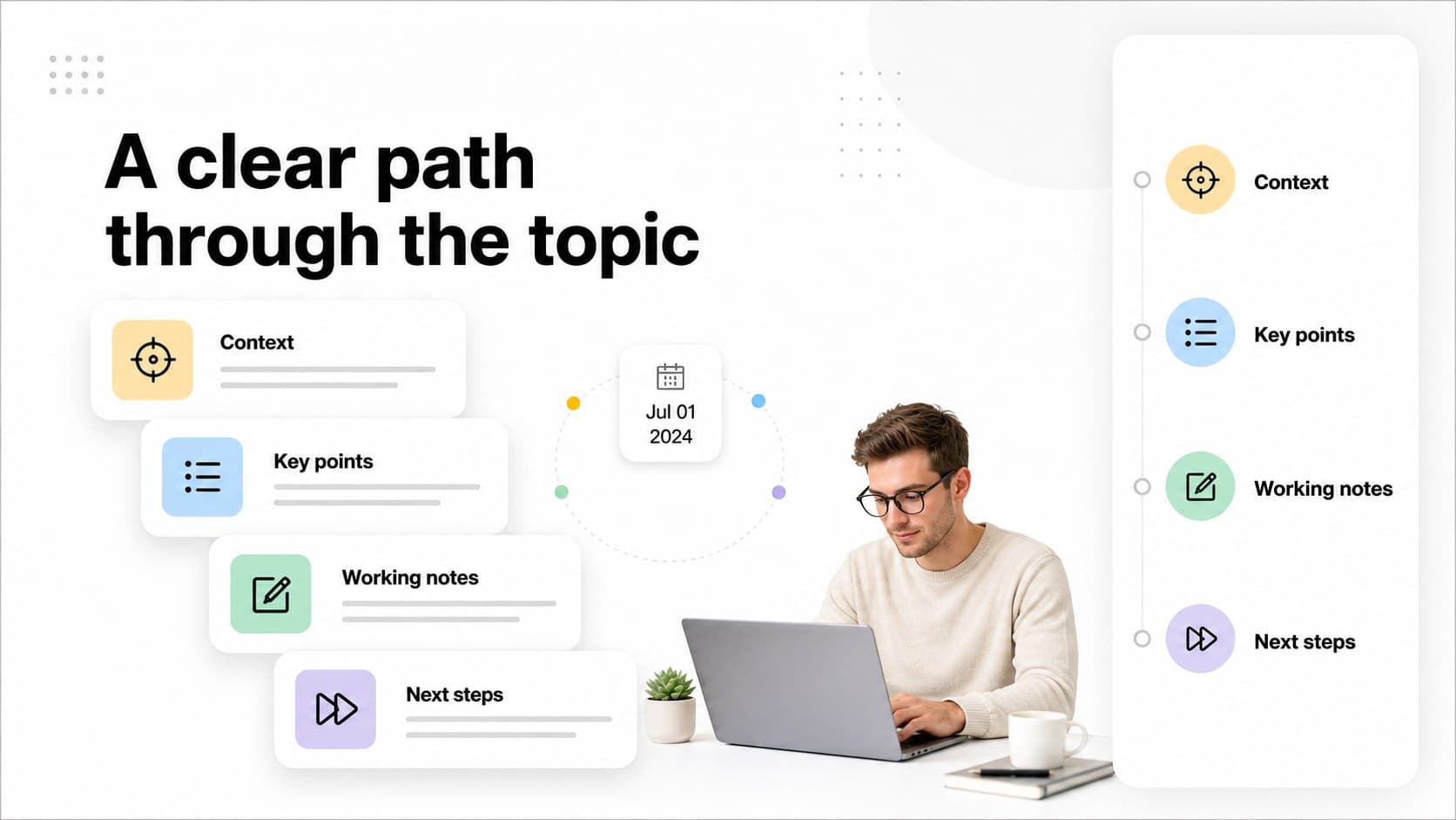 Agenda slide showing organized sections for a minimal white note-taking deck.