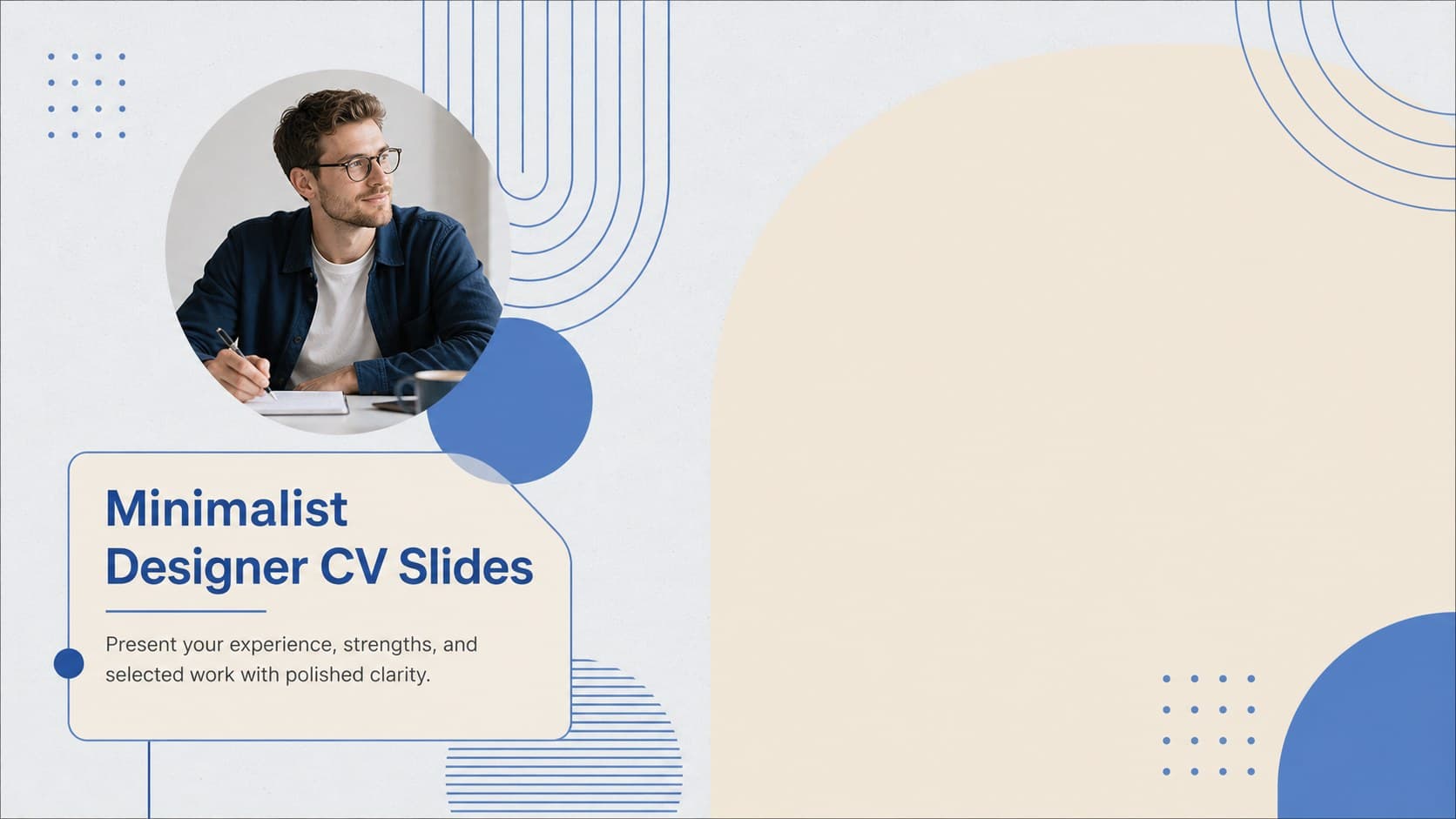 Cover for Minimalist Designer CV Slides with blue and beige geometric accents and a clean creative career introduction.