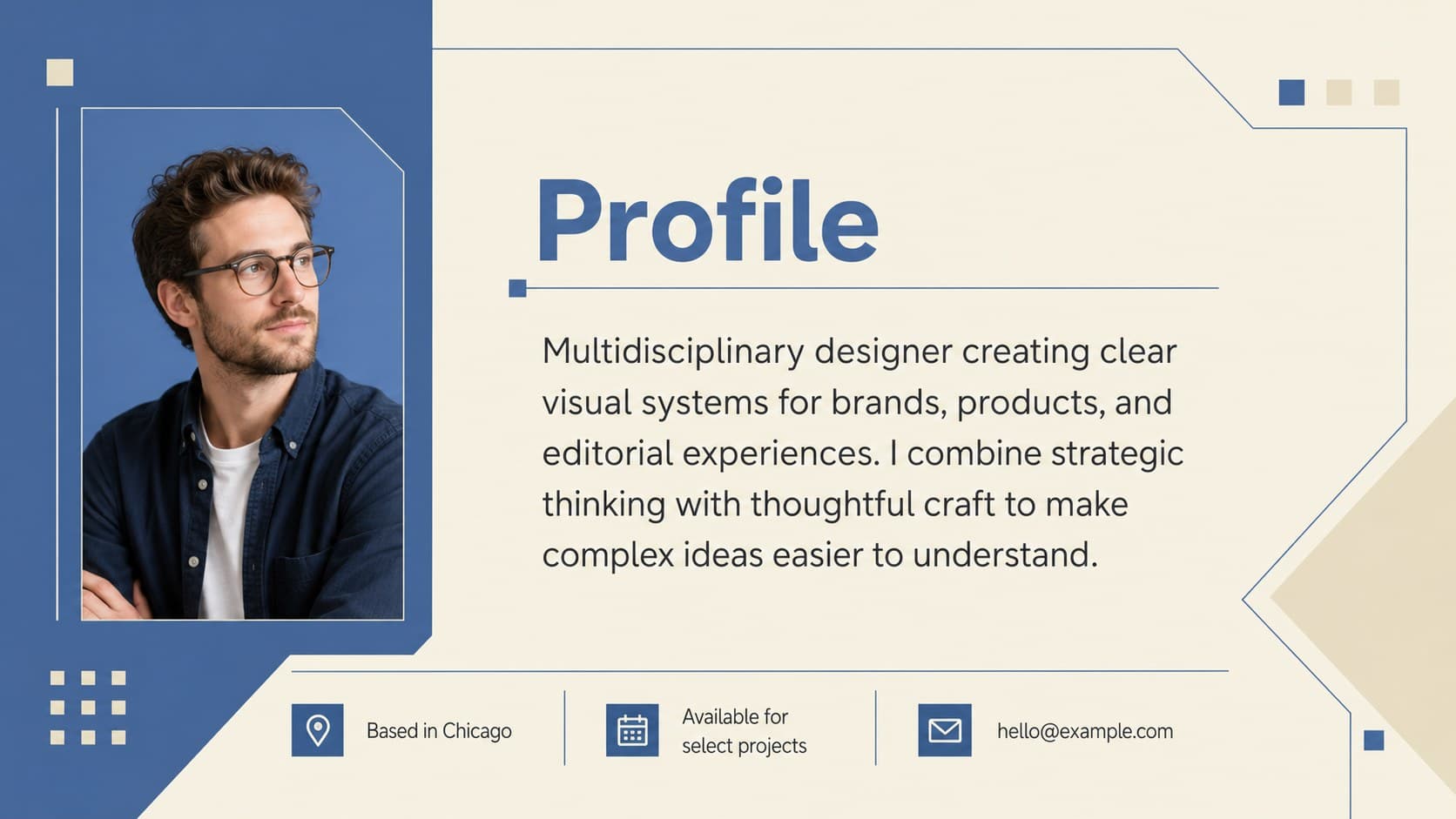 Minimalist designer CV profile slide presenting a concise biography, career focus, and professional contact details.