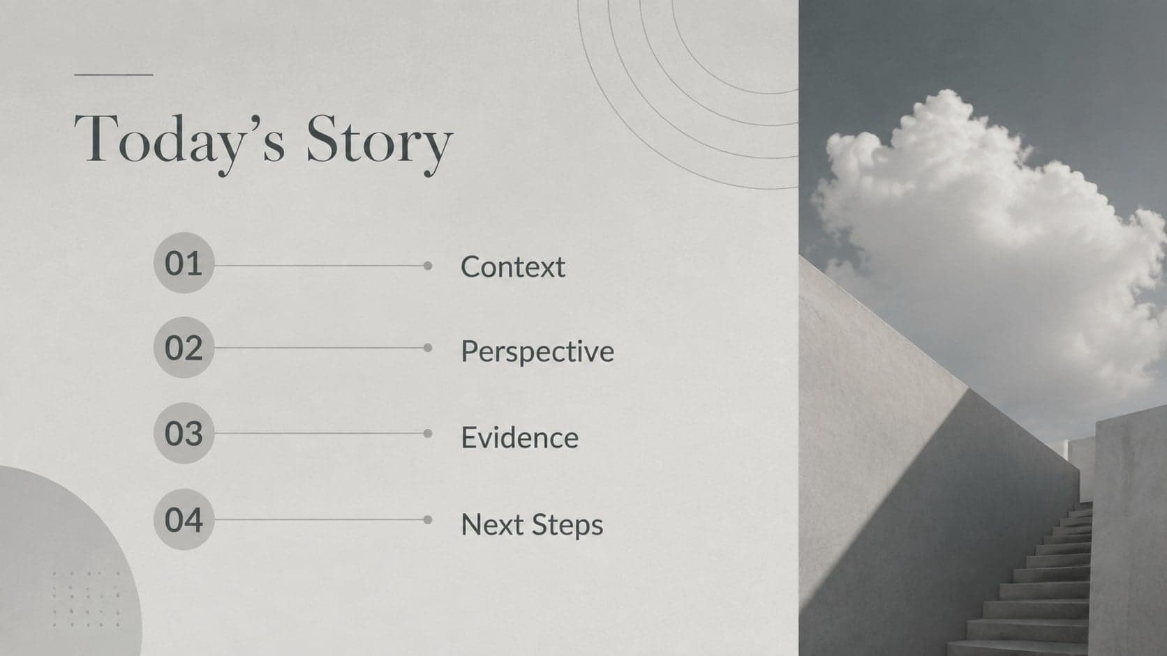 Minimalist grey agenda slide outlining four sections of a visual storytelling presentation.