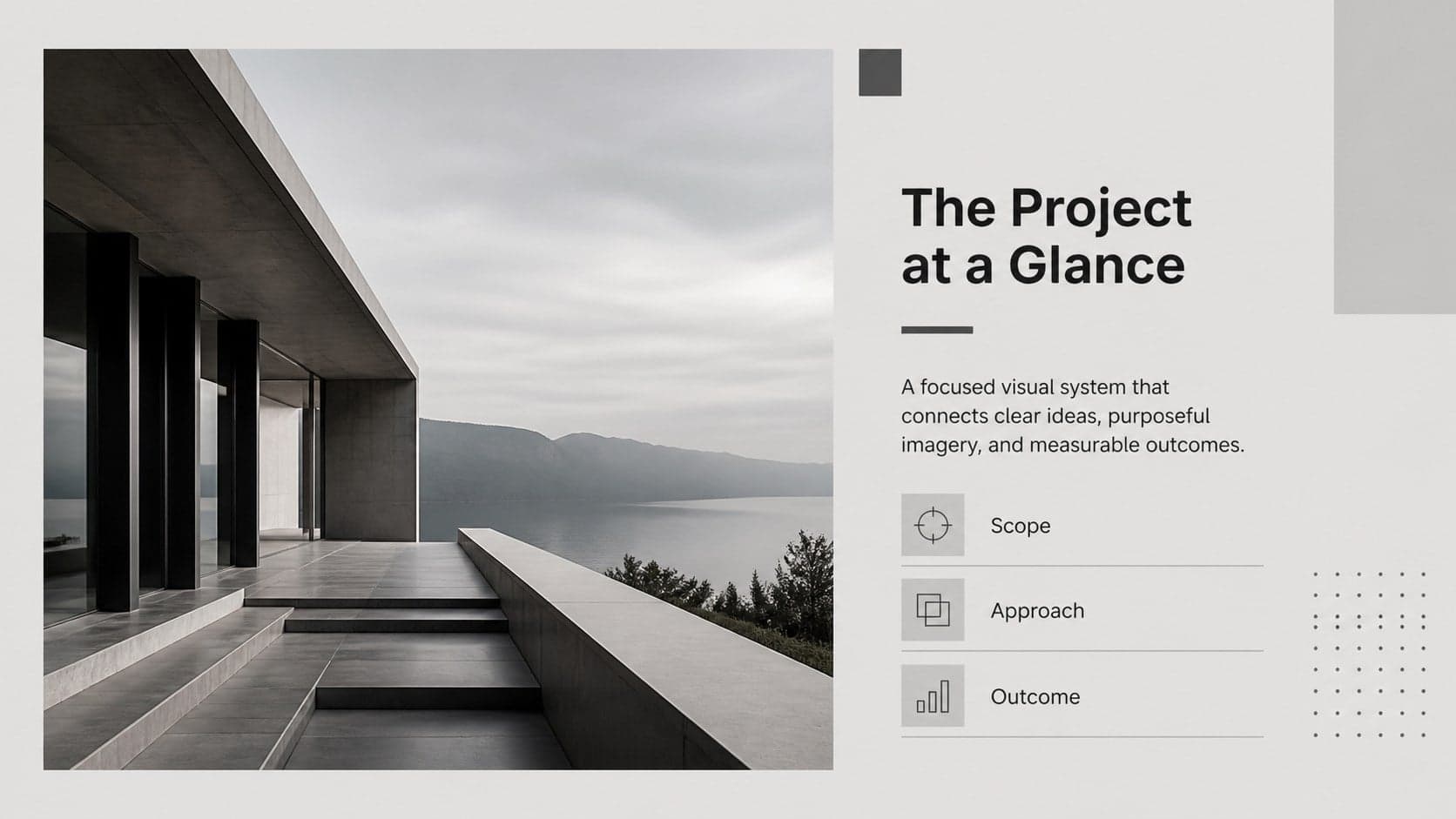 Grey editorial overview slide combining a large architectural photograph with concise project information.