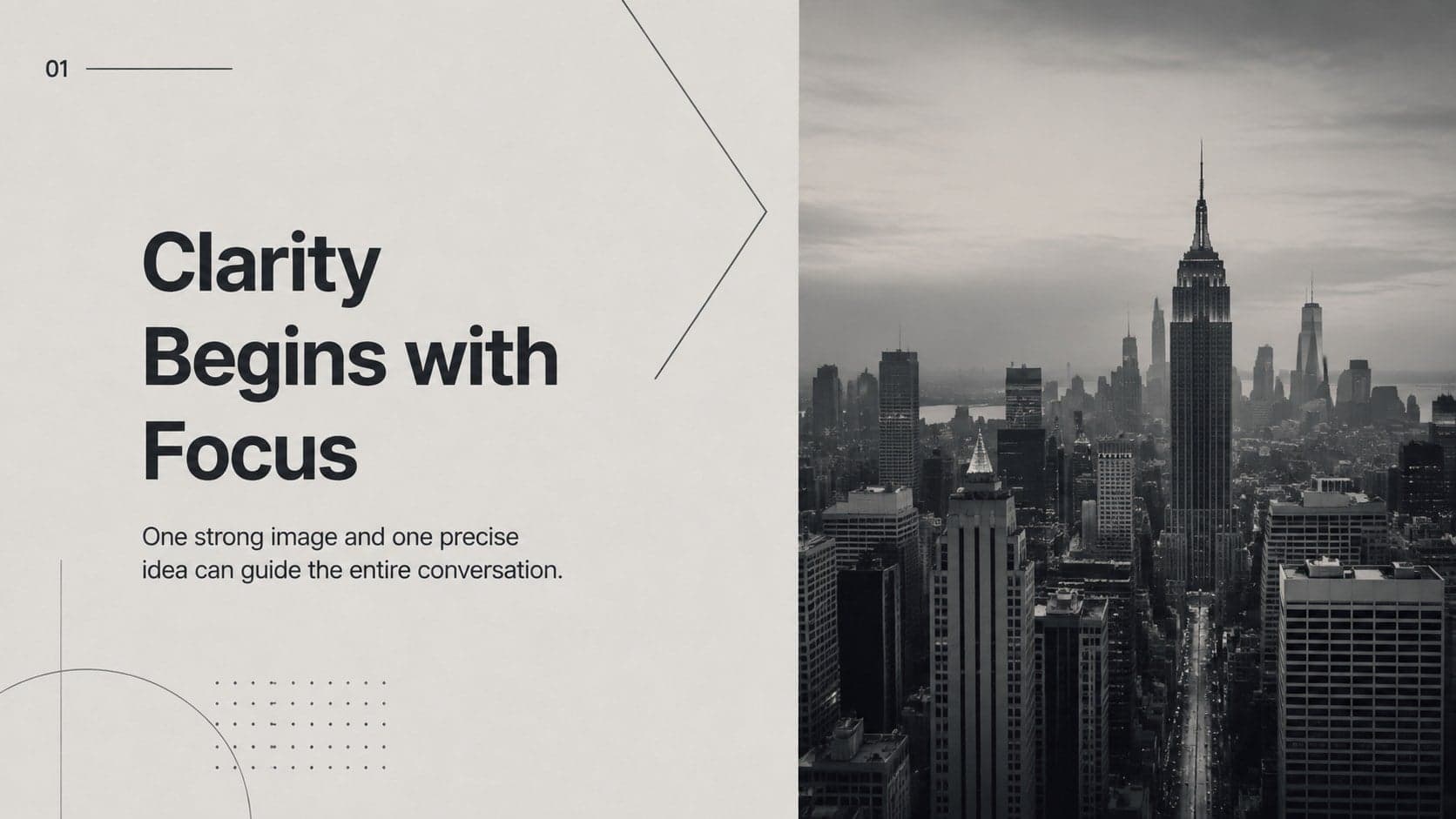 Image-led grey presentation slide featuring a full-height city photograph and a concise opening statement.