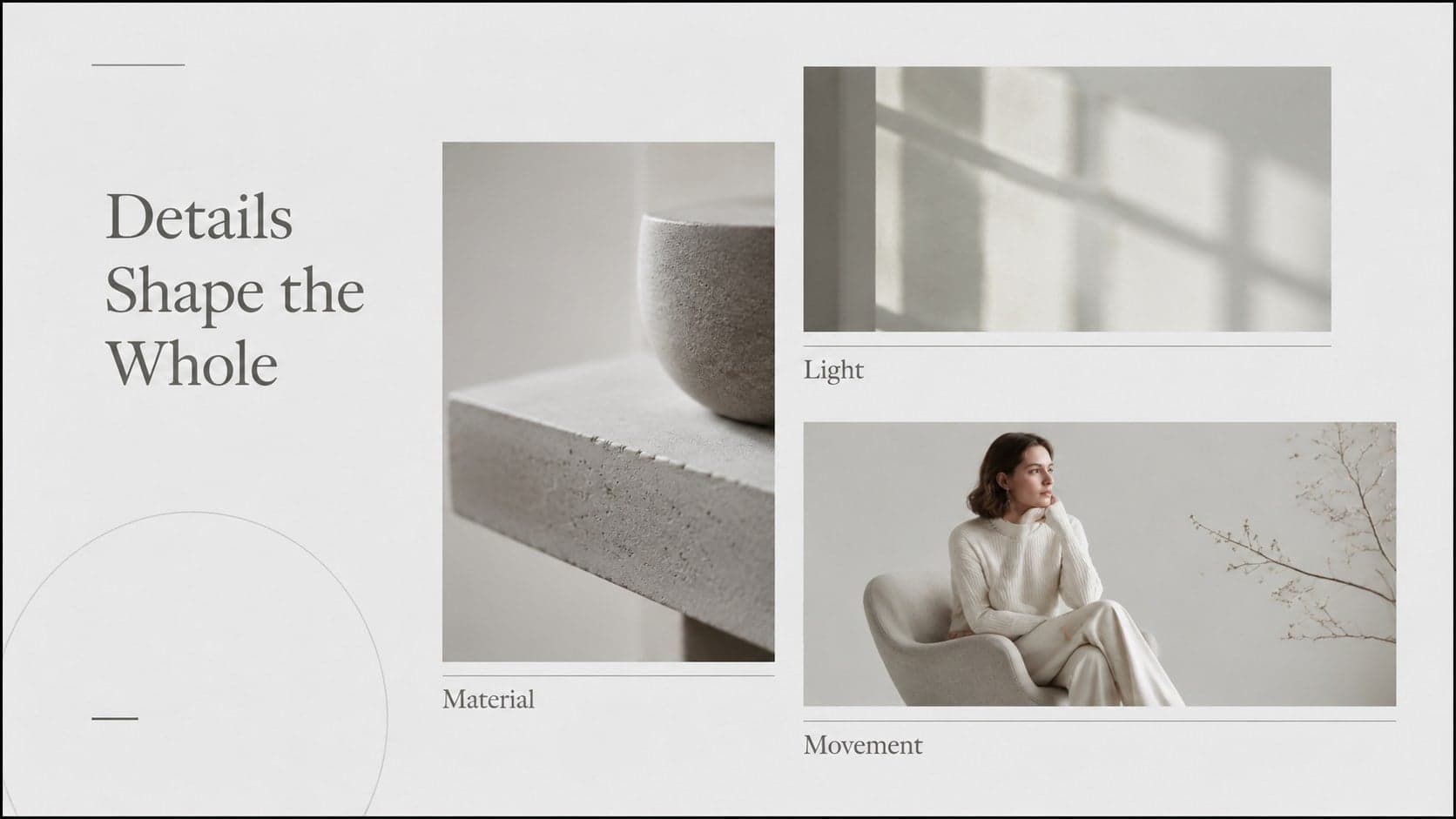 Professional photo showcase slide deck layout displaying three monochrome images with short captions.