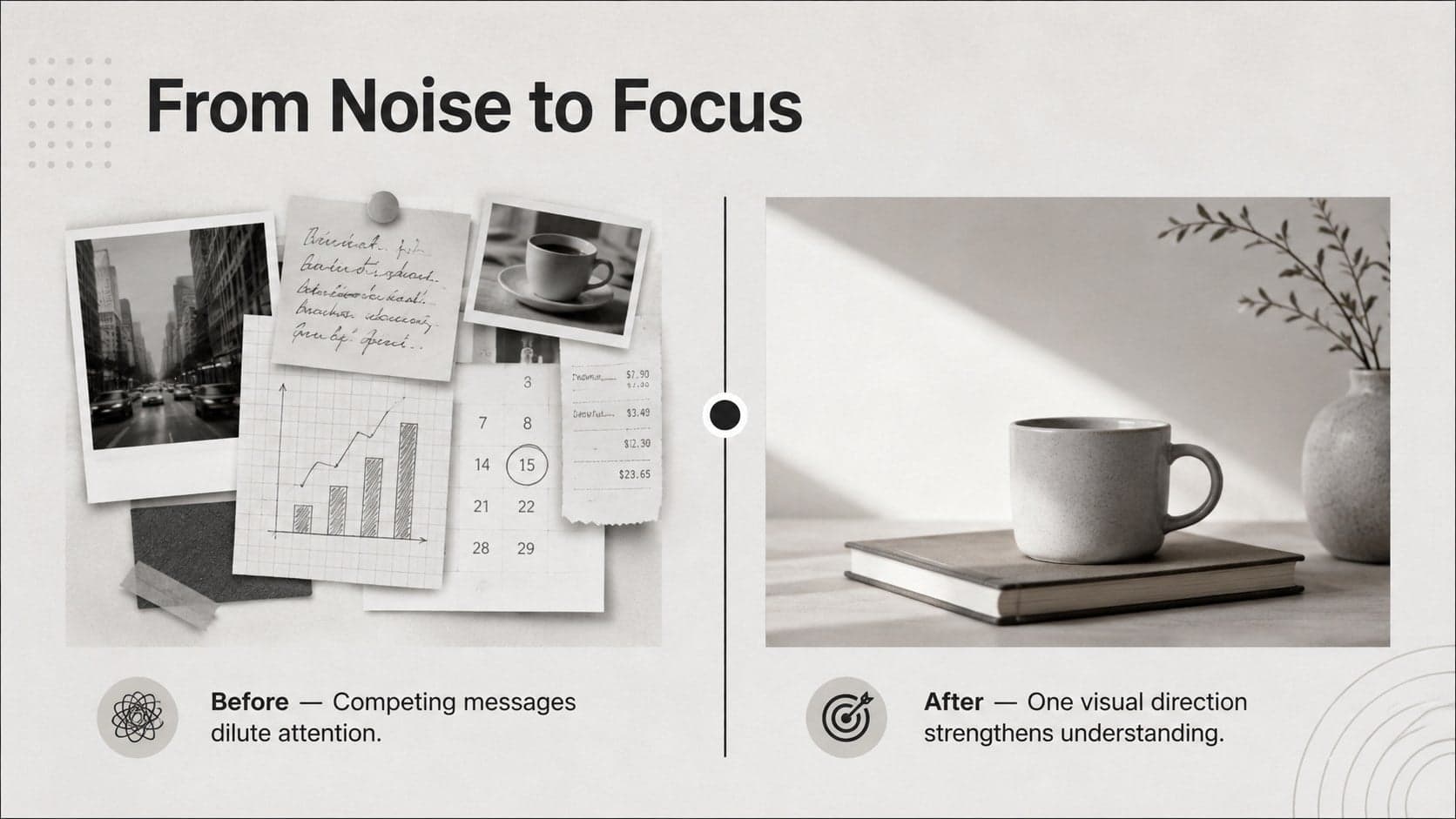 Clean grey comparison slide contrasting visual noise with focused communication.