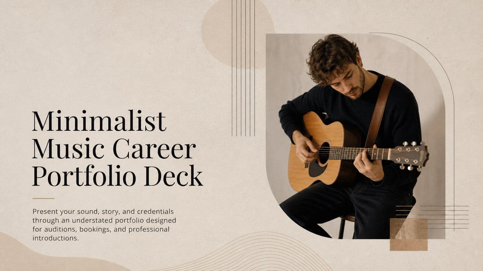 Cover of a minimalist music career portfolio with editorial beige, brown, and black styling.